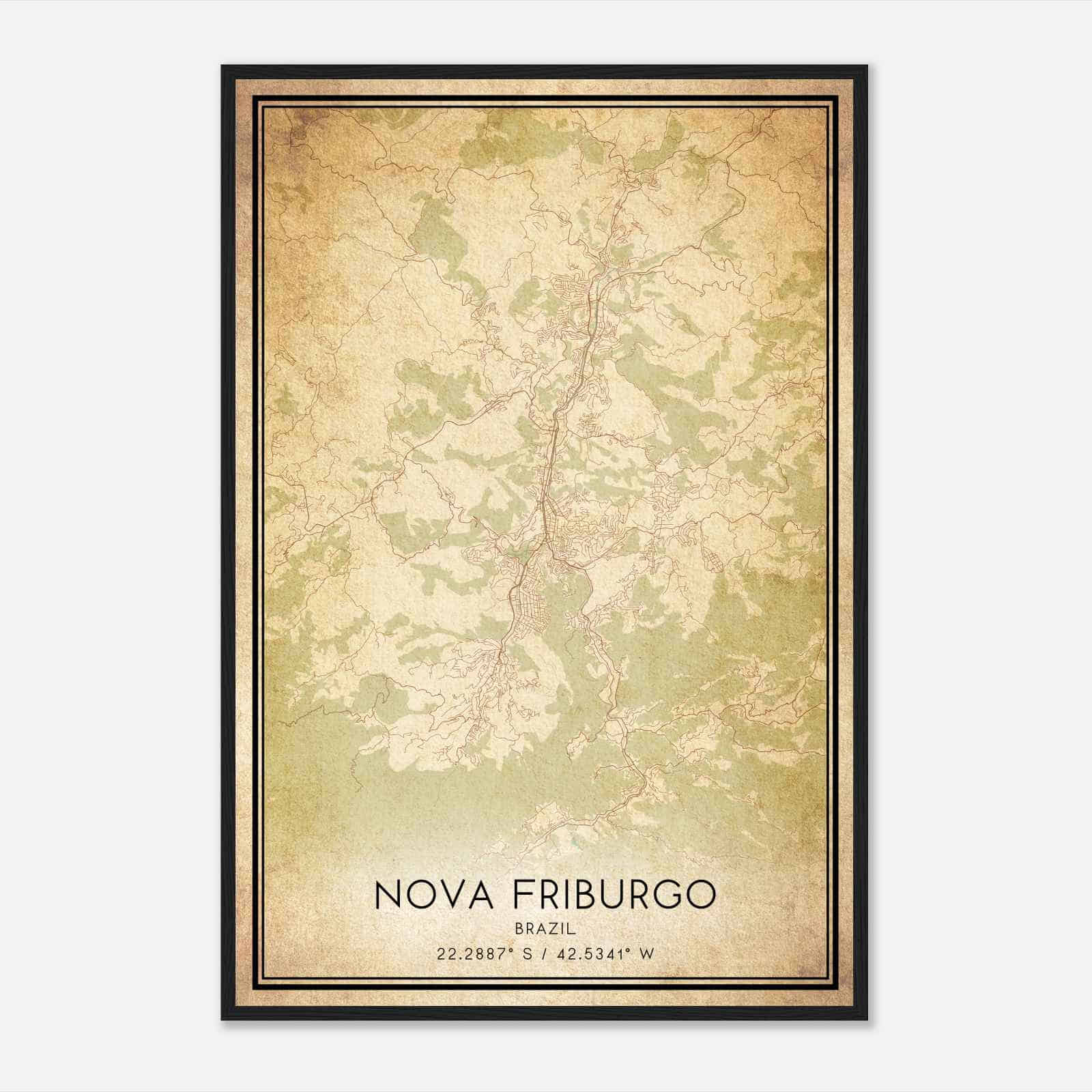 Vintage Nova Friburgo Brazil Map Poster, Nova Friburgo City Road Wall Art Print