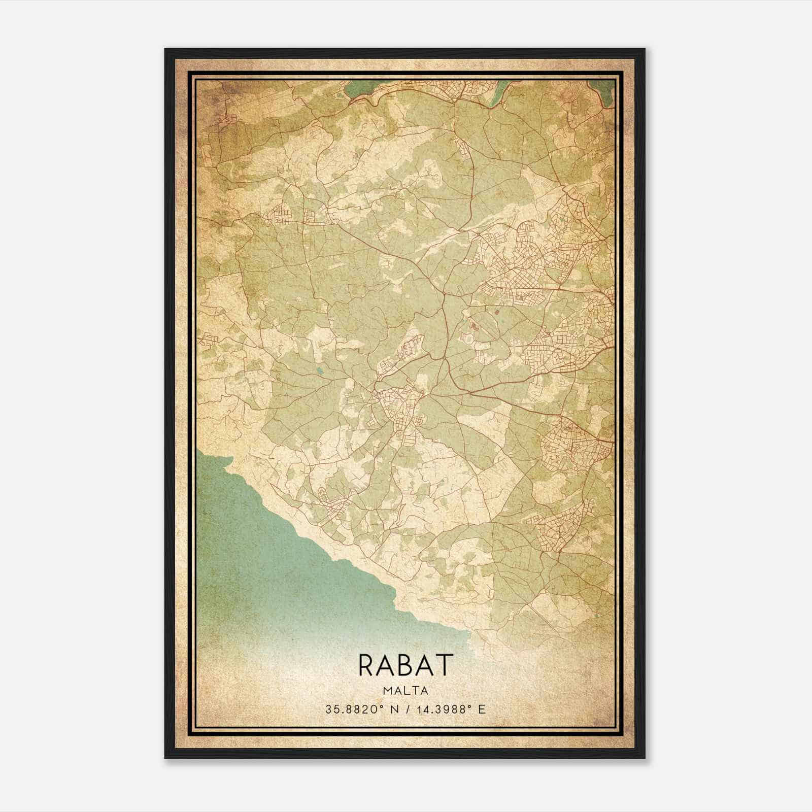 Vintage Rabat Malta Map Poster, Rabat City Road Wall Art Print