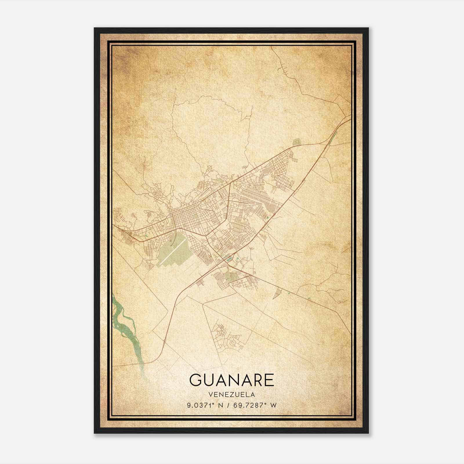 Vintage Guanare Venezuela Map Poster, Guanare City Road Wall Art Print