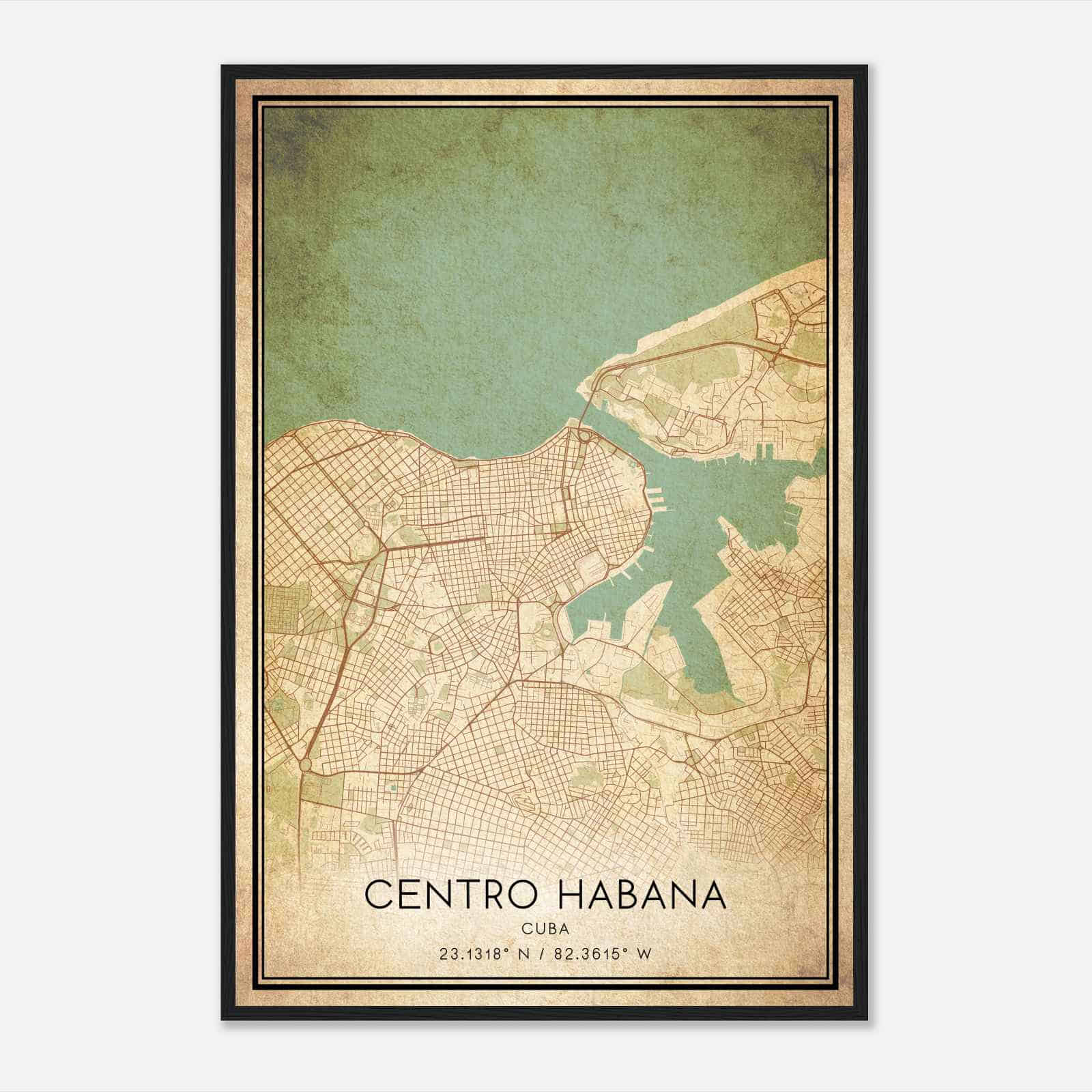 Vintage Centro Habana Cuba Map Poster, Centro Habana City Road Wall Art Print