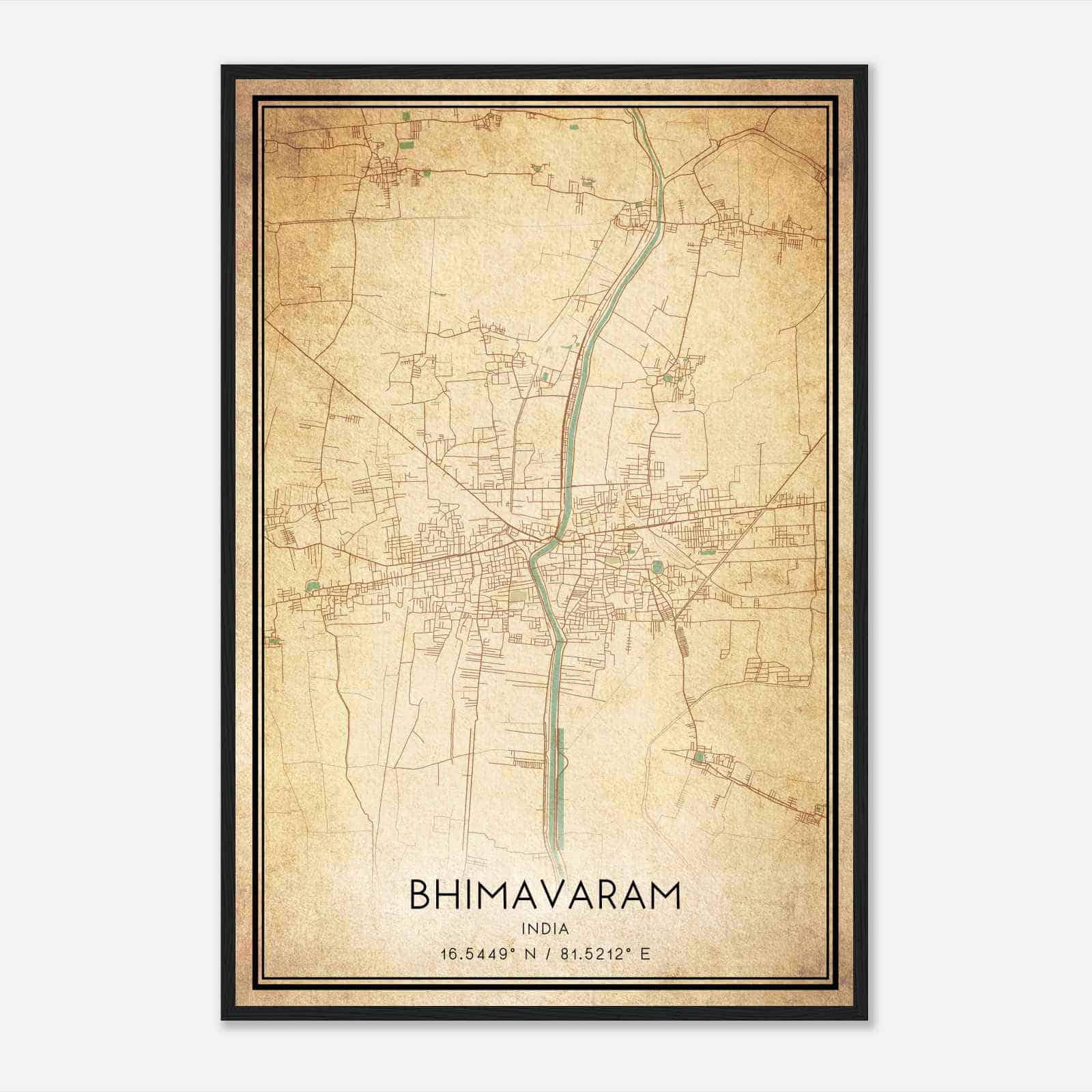 Vintage Bhimavaram India Map Poster, Bhimavaram City Road Wall Art Print