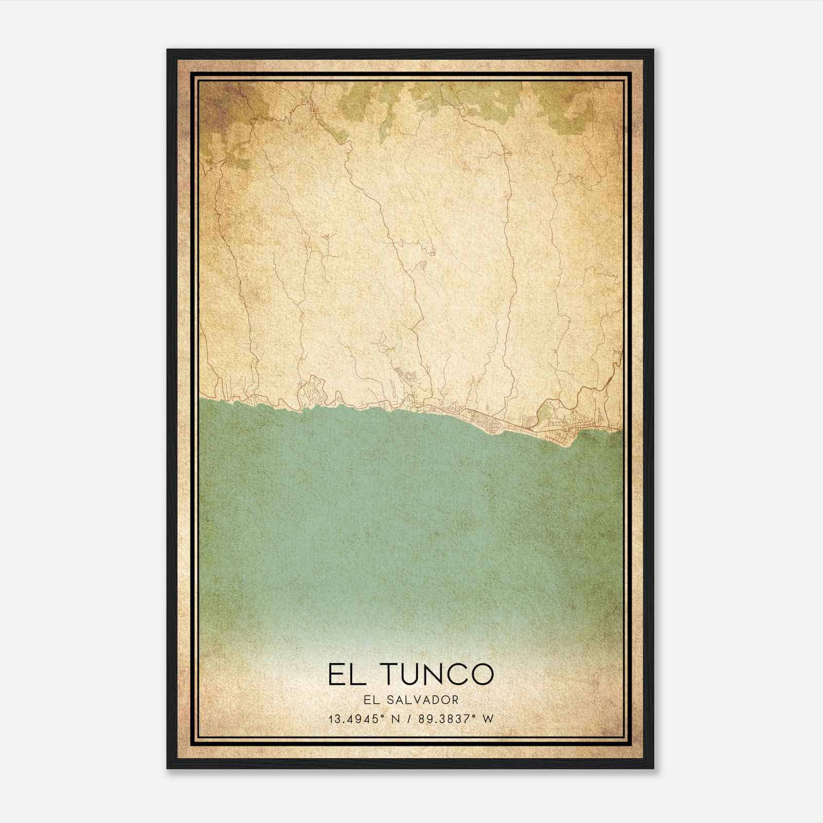 Vintage El Tunco El Salvador Map Poster, El Tunco City Road Wall Art Print