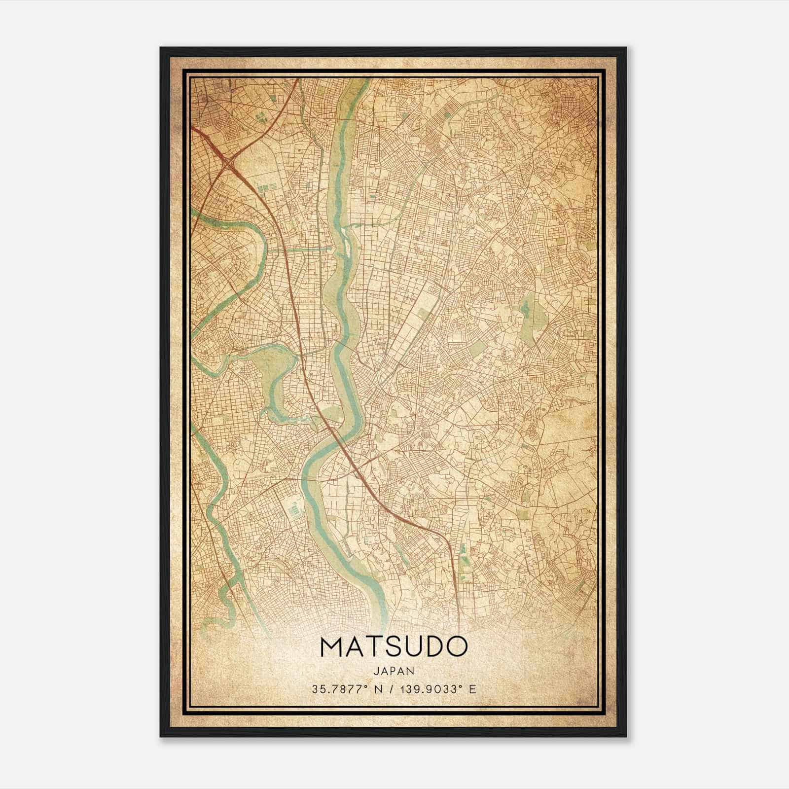 Vintage Matsudo Japan Map Poster, Matsudo City Road Wall Art Print