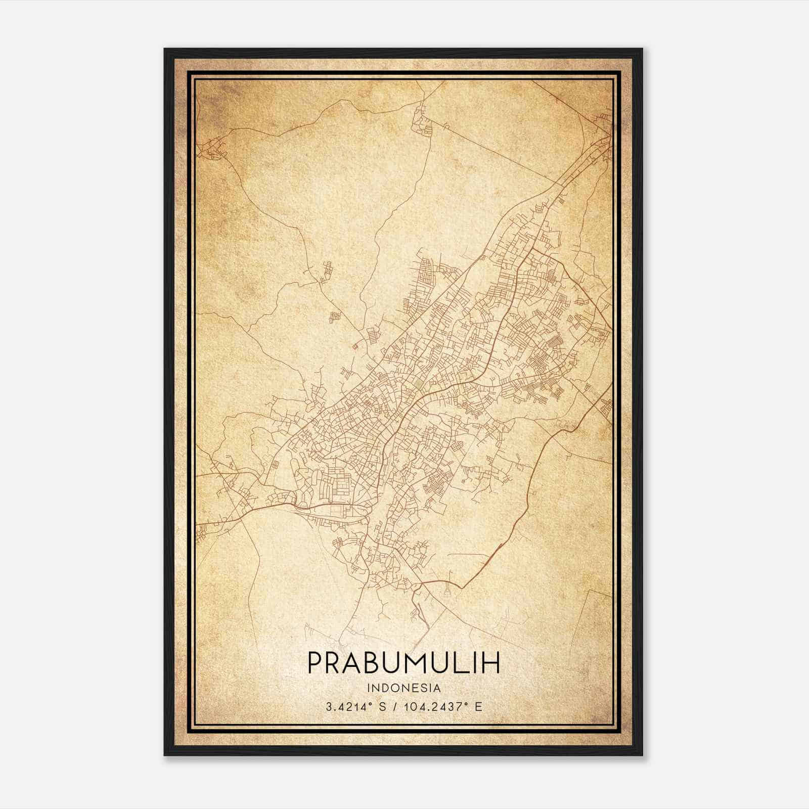 Vintage Prabumulih Indonesia Map Poster, Prabumulih City Road Wall Art Print