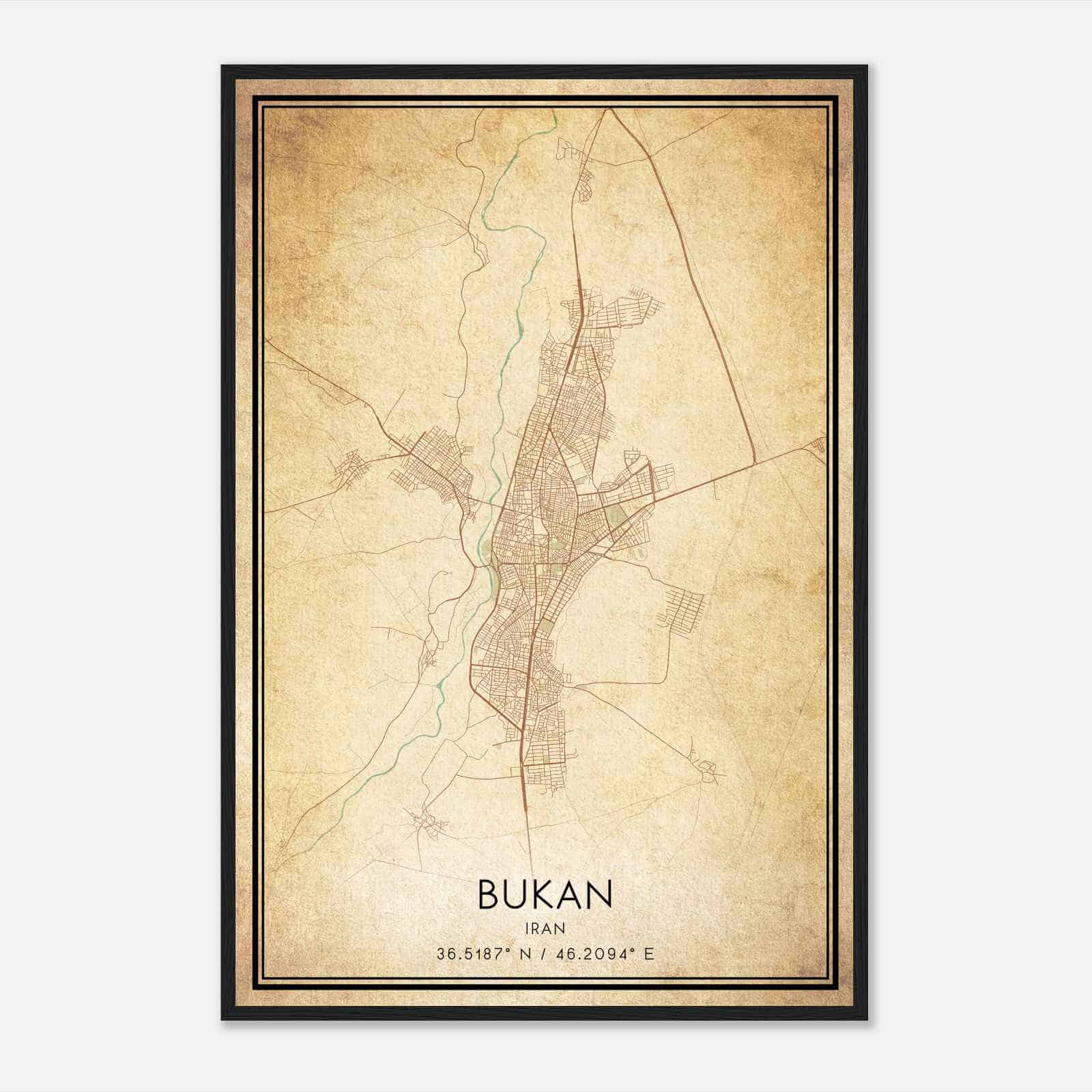 Vintage Bukan Iran Map Poster, Bukan City Road Wall Art Print