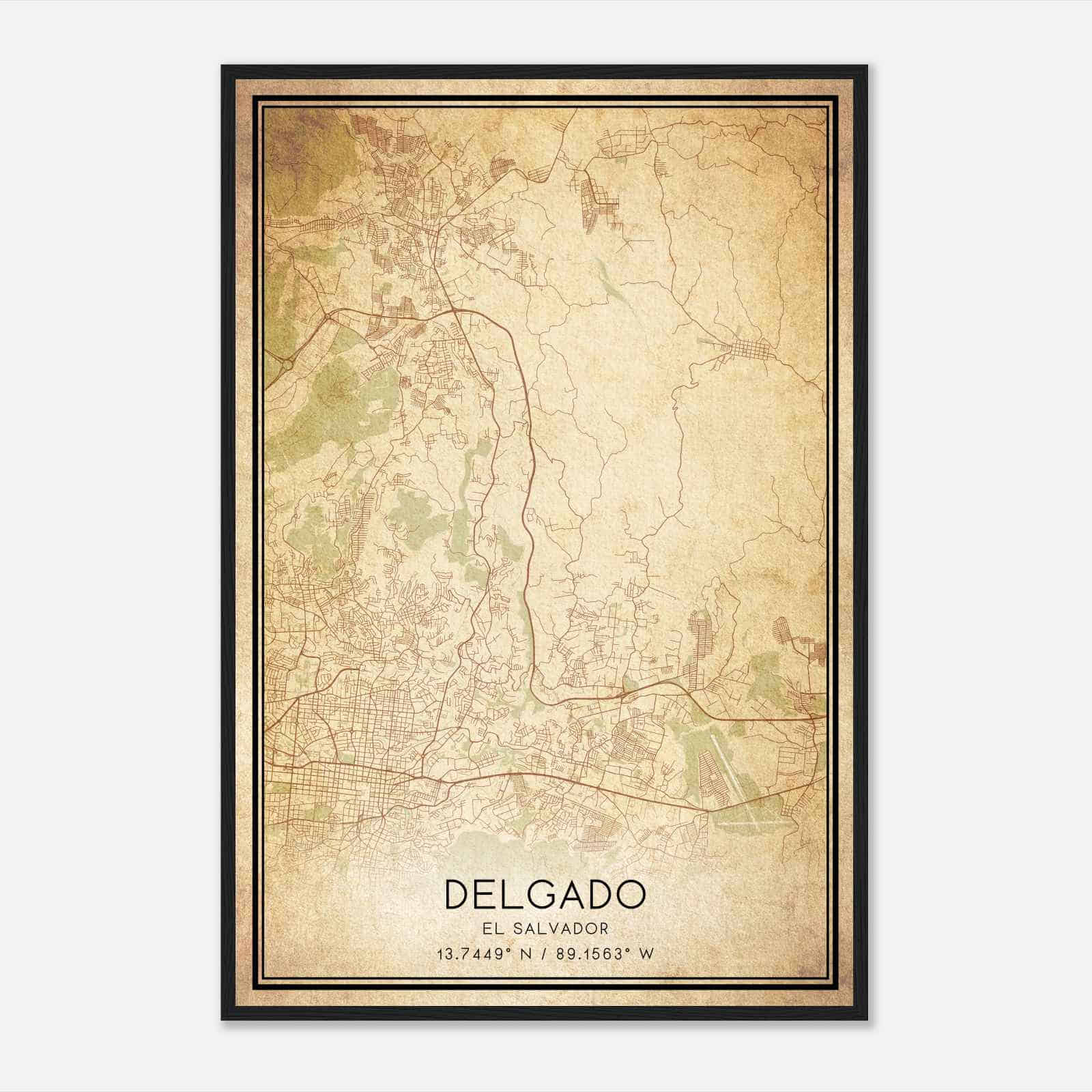 Vintage Delgado El Salvador Map Poster, Delgado City Road Wall Art Print