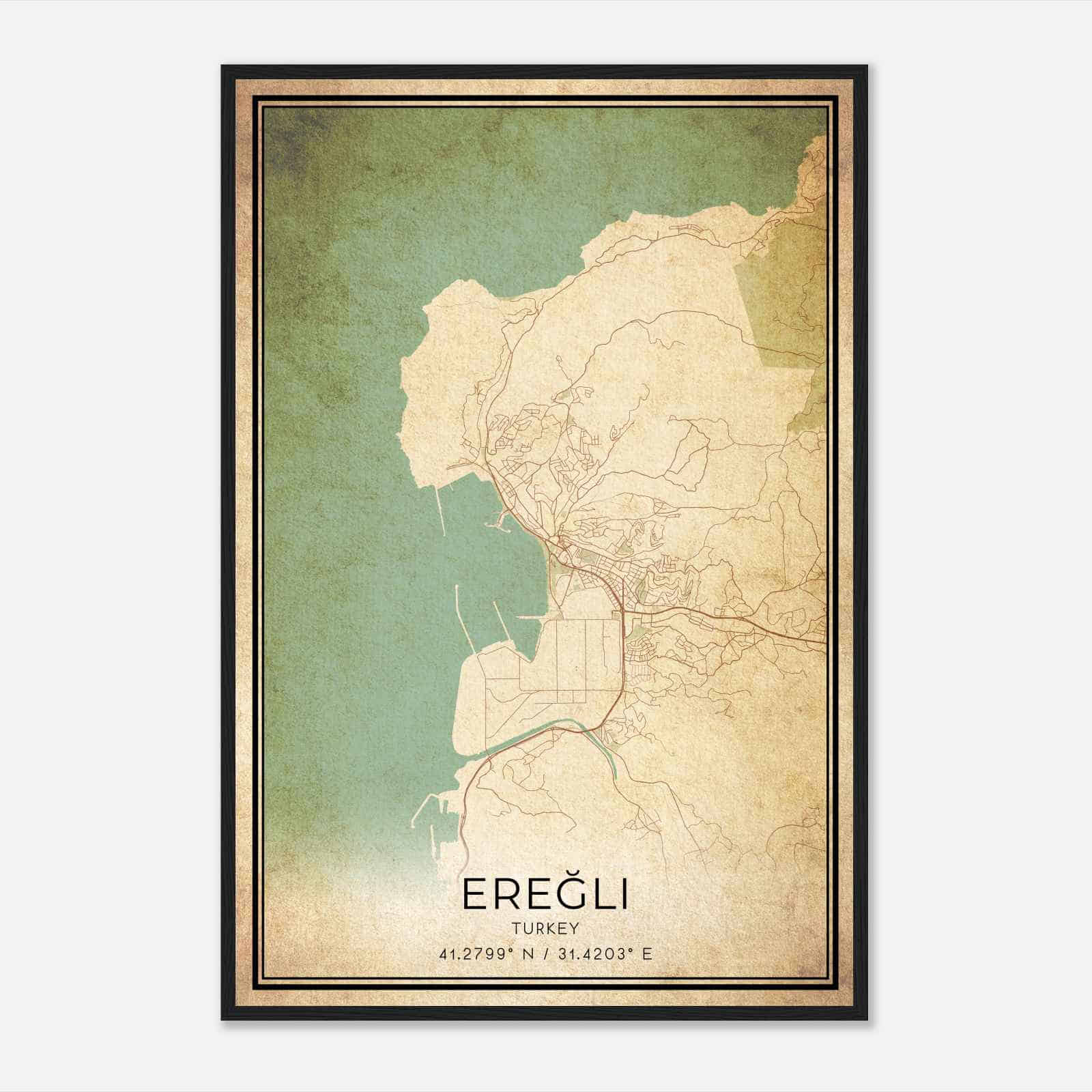 Vintage Eregli Turkey Map Poster, Eregli City Road Wall Art Print