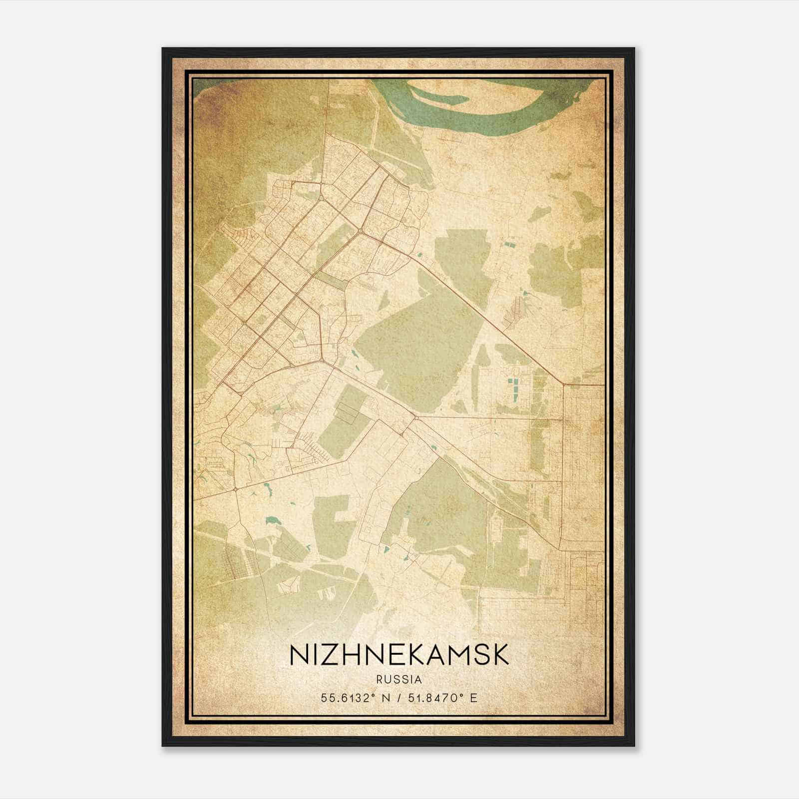 Vintage Nizhnekamsk Russia Map Poster, Nizhnekamsk City Road Wall Art Print