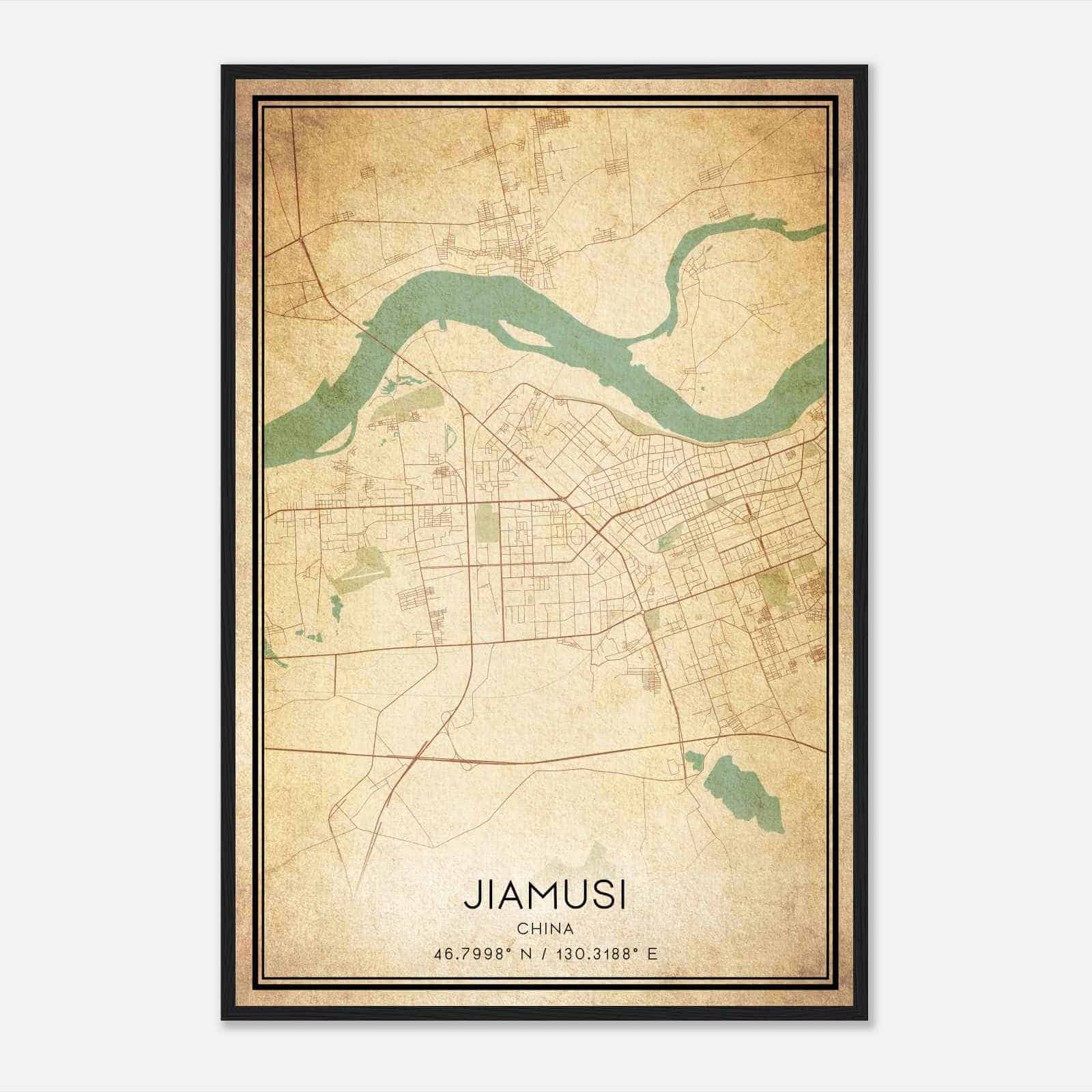 Vintage Jiamusi China Map Poster, Jiamusi City Road Wall Art Print