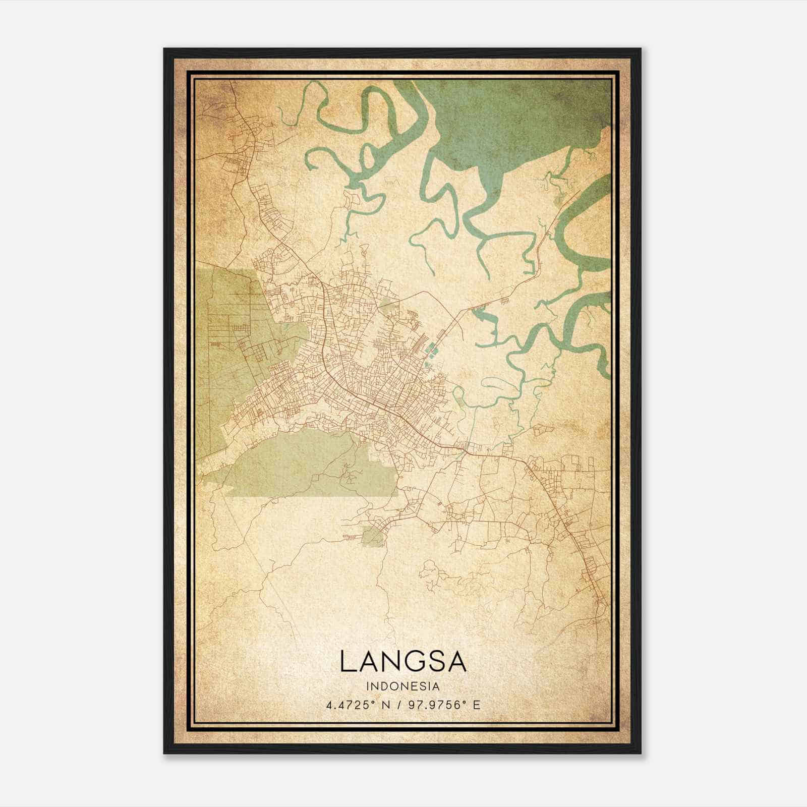 Vintage Langsa Indonesia Map Poster, Langsa City Road Wall Art Print