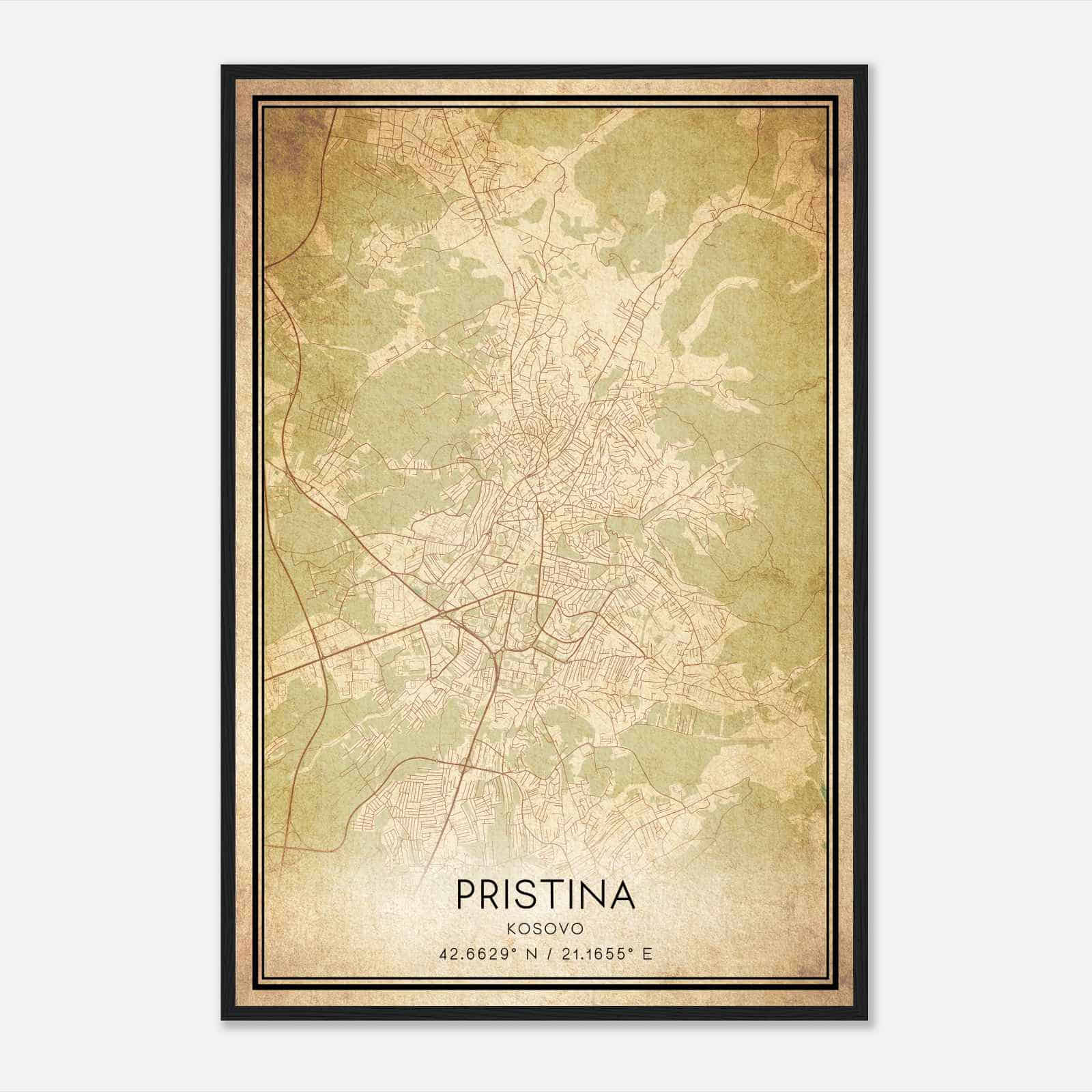 Vintage Pristina Kosovo Map Poster, Pristina City Road Wall Art Print