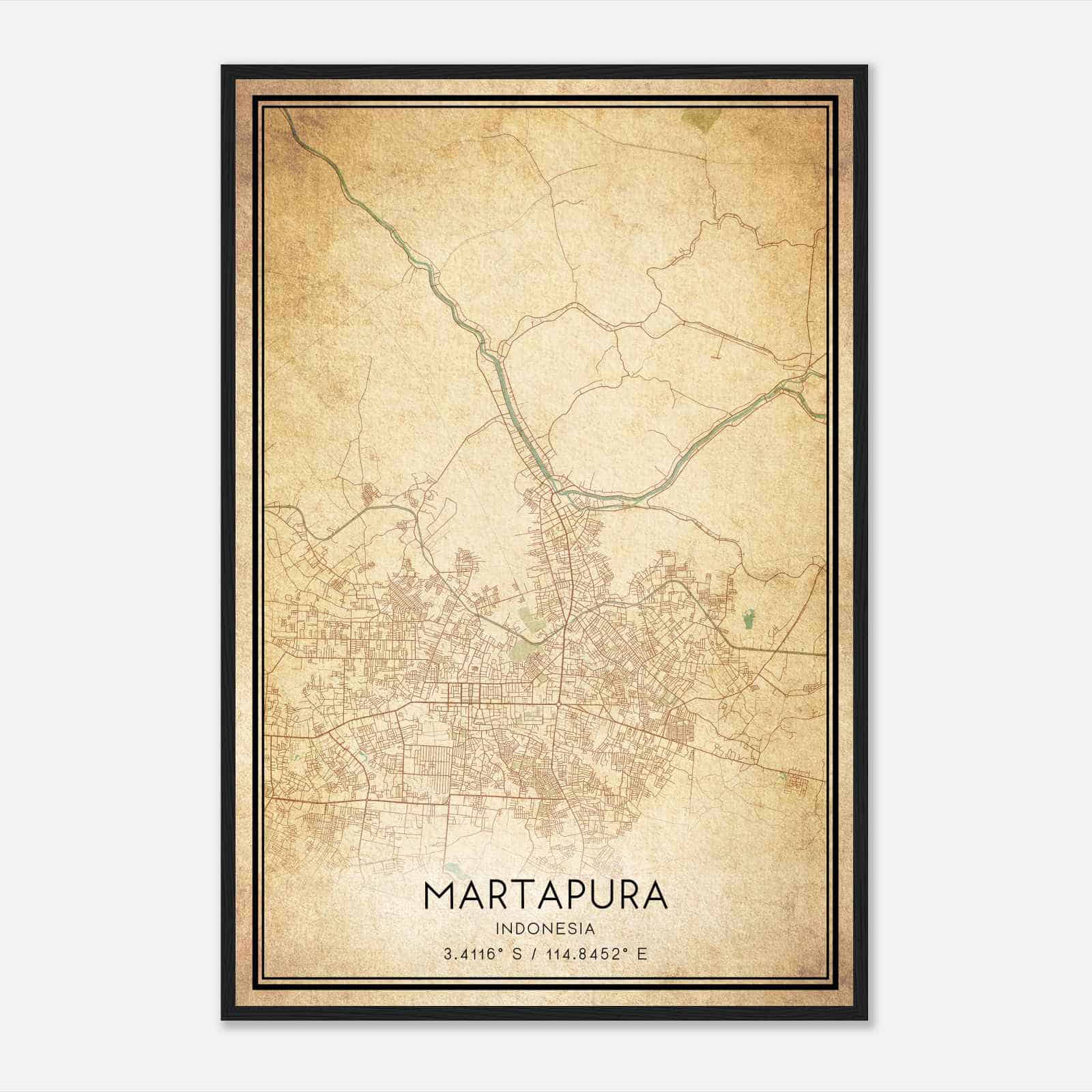 Vintage Martapura Indonesia Map Poster, Martapura City Road Wall Art Print