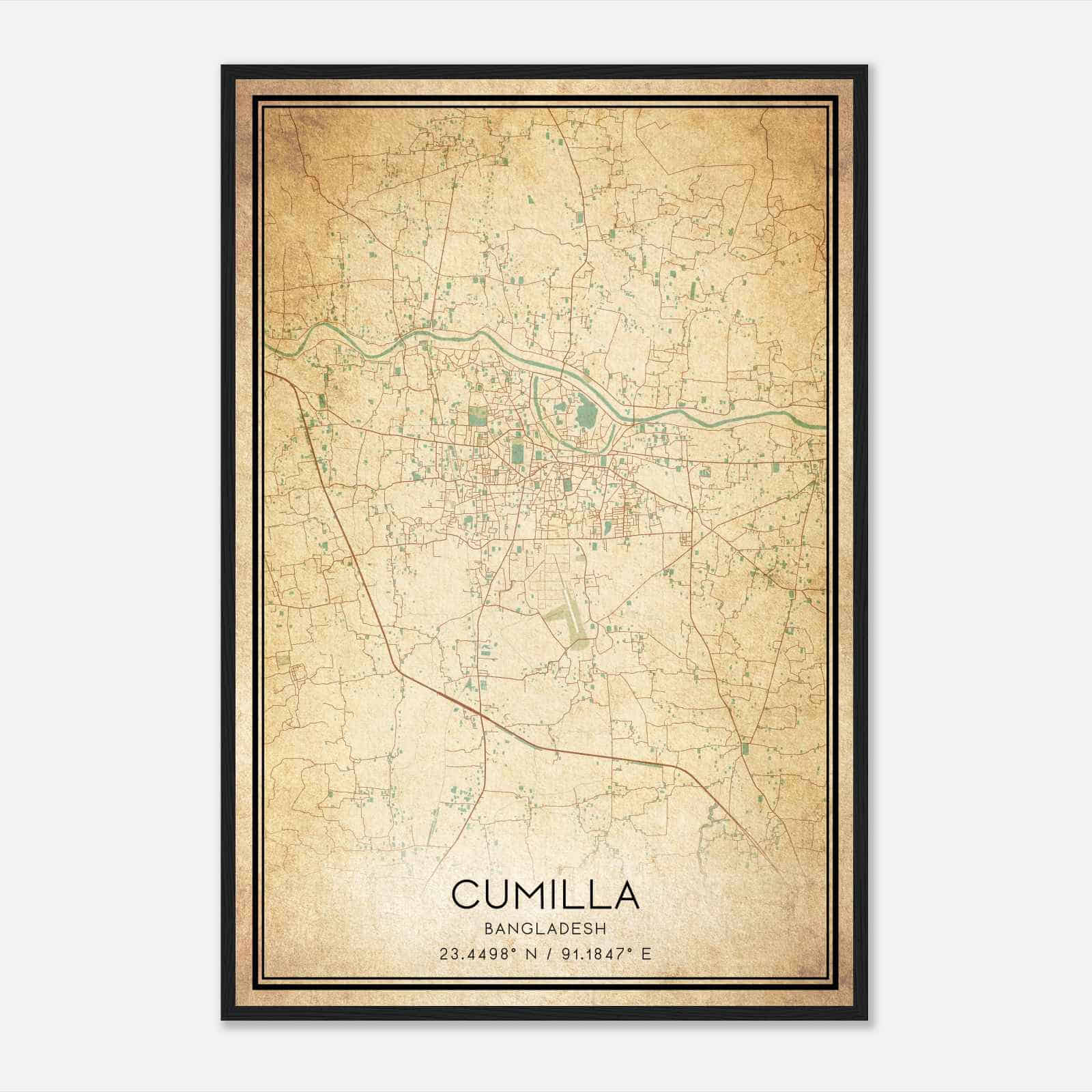 Vintage Cumilla Bangladesh Map Poster, Cumilla City Road Wall Art Print