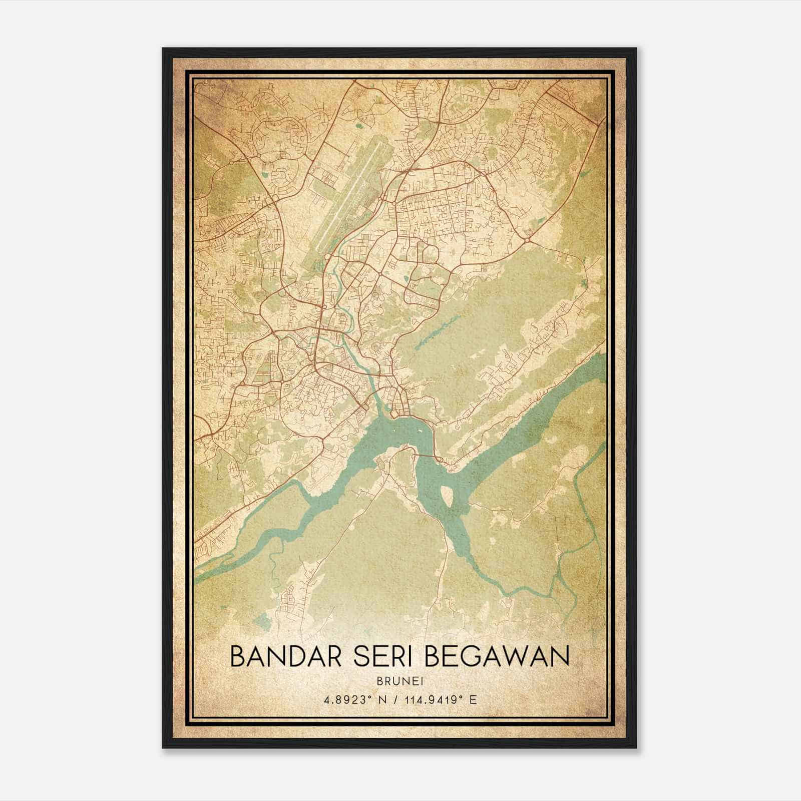 Vintage Bandar Seri Begawan Brunei Map Poster, Bandar Seri Begawan City Road Wall Art Print