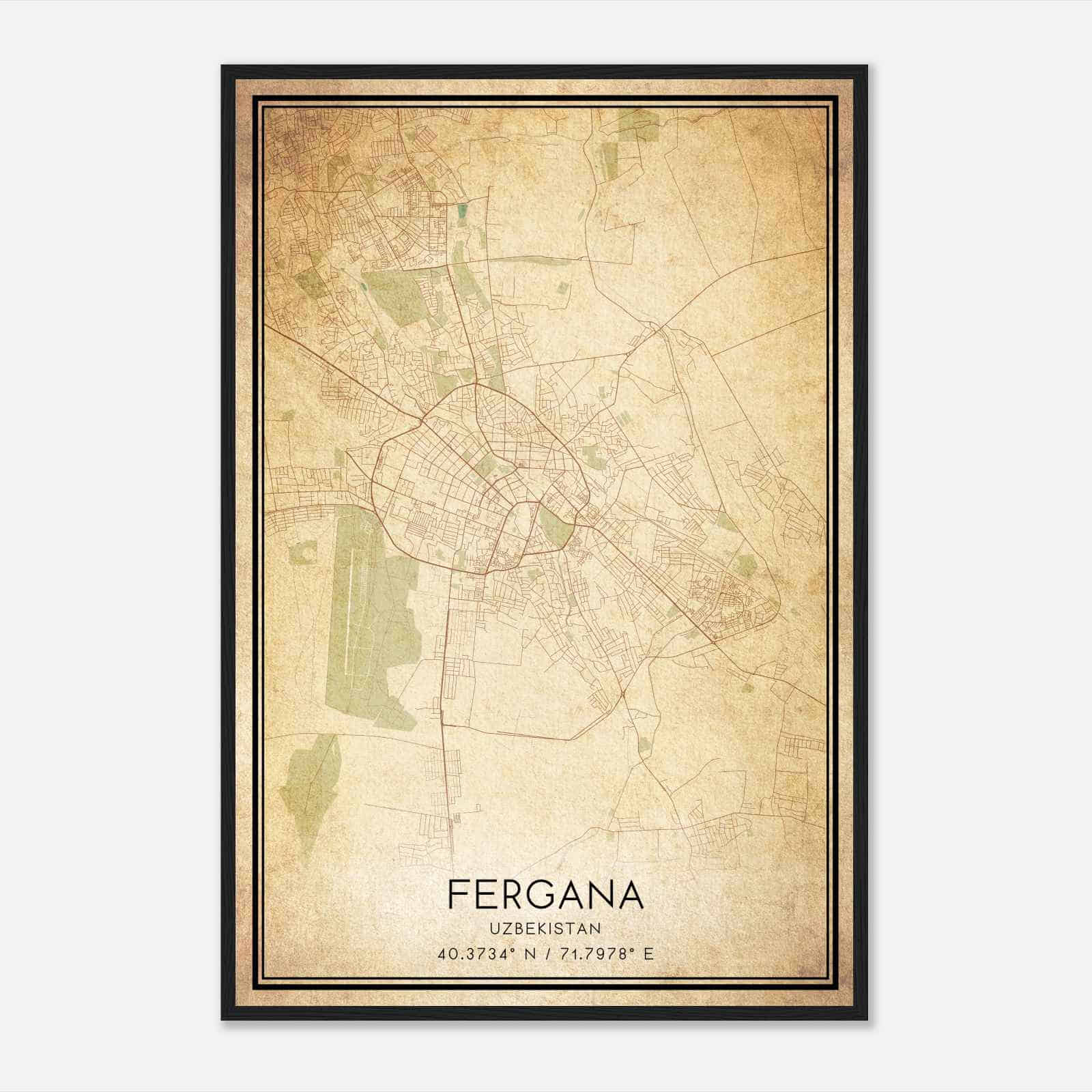 Vintage Fergana Uzbekistan Map Poster, Fergana City Road Wall Art Print