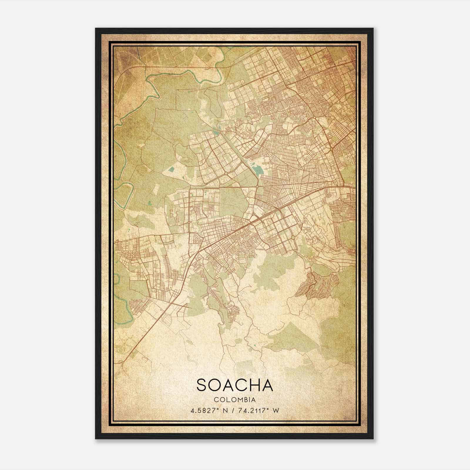 Vintage Soacha Colombia Map Poster, Soacha City Road Wall Art Print