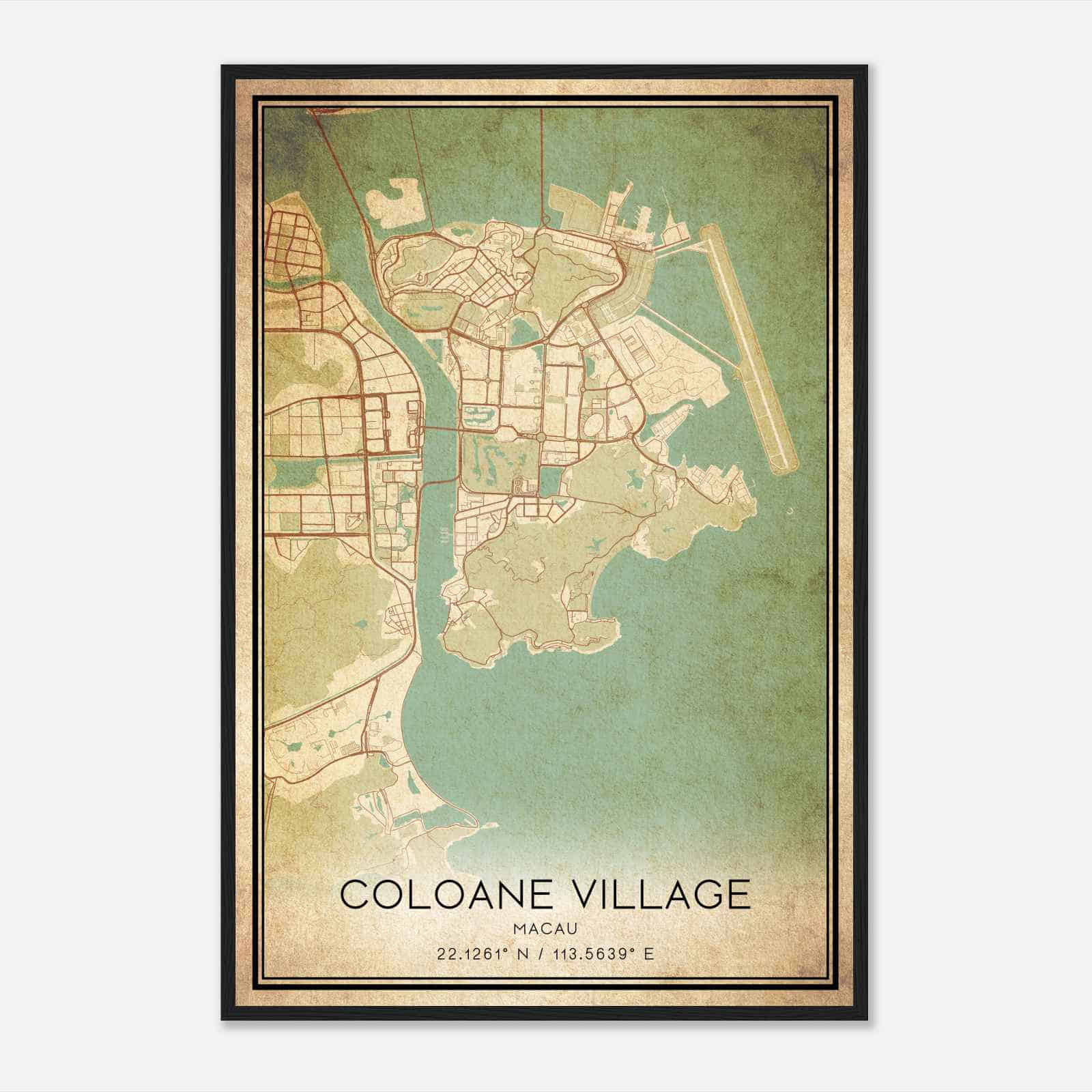 Vintage Coloane Village Macau Map Poster, Coloane Village City Road Wall Art Print