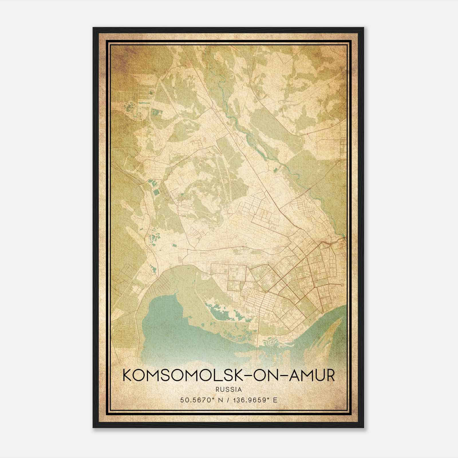 Vintage KomsomolskonAmur Russia Map Poster, KomsomolskonAmur City Road Wall Art Print