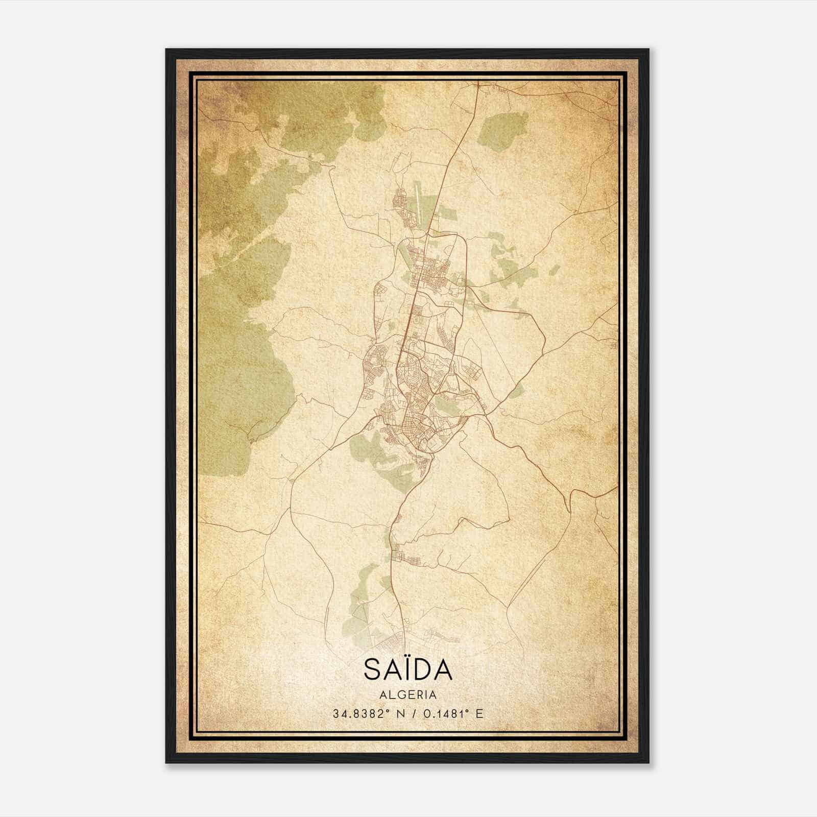 Vintage Saida Algeria Map Poster, Saida City Road Wall Art Print