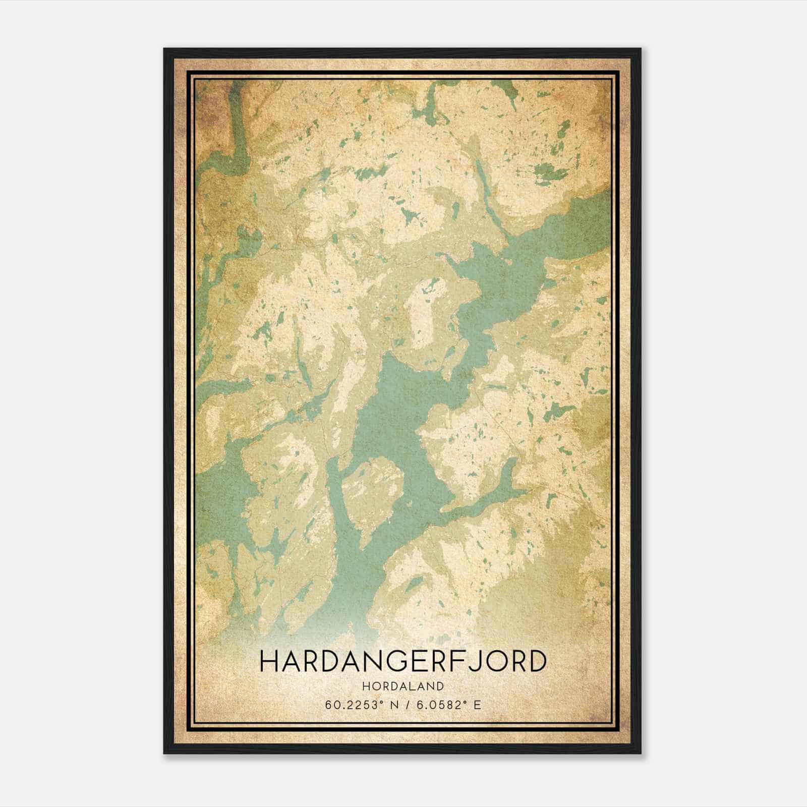 Vintage Hardangerfjord Hordaland Map Poster, Hardangerfjord City Road Wall Art Print