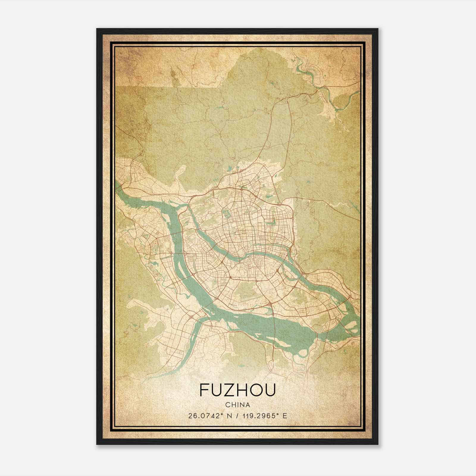 Vintage Fuzhou China Map Poster, Fuzhou City Road Wall Art Print