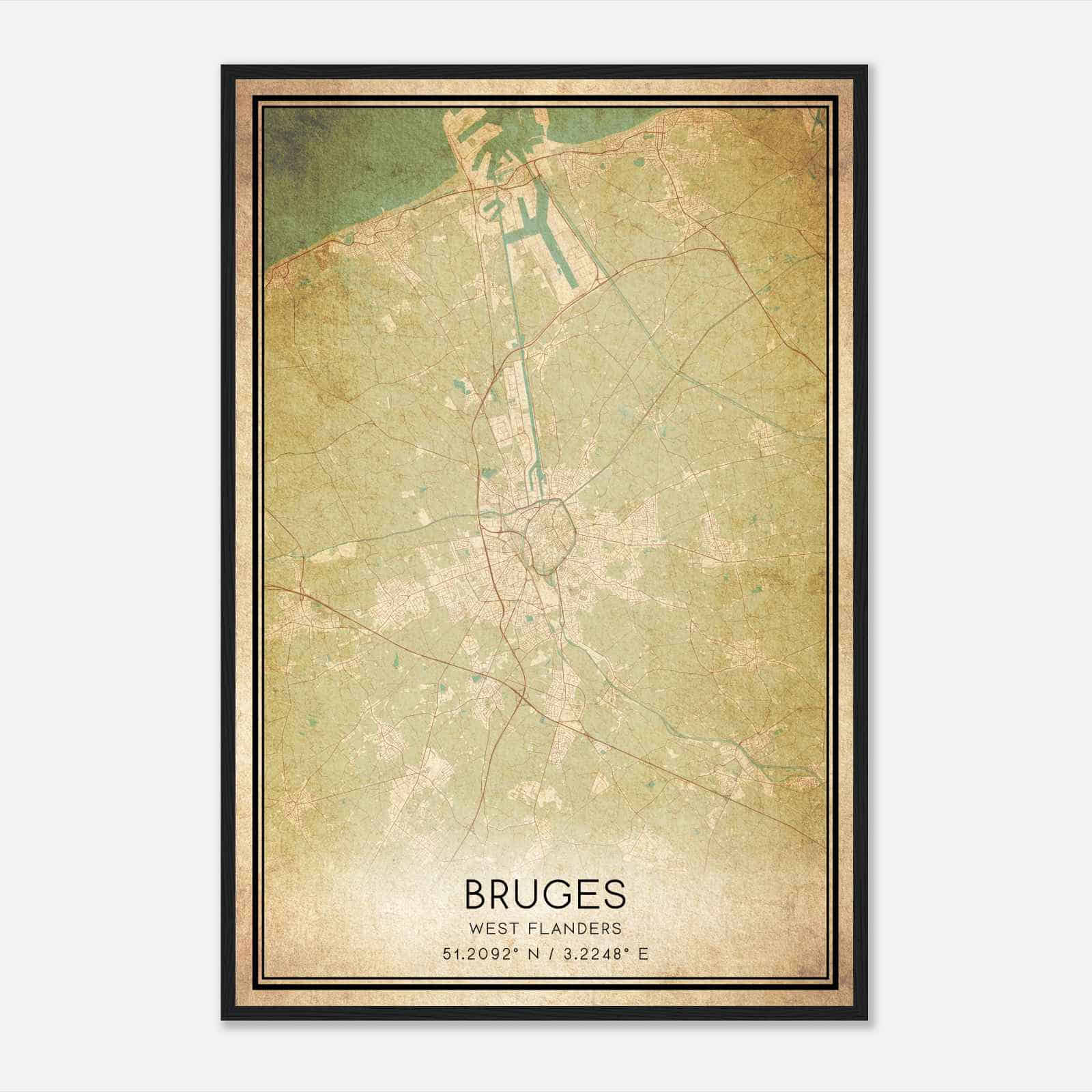 Vintage Bruges West Flanders Map Poster, Bruges City Road Wall Art Print