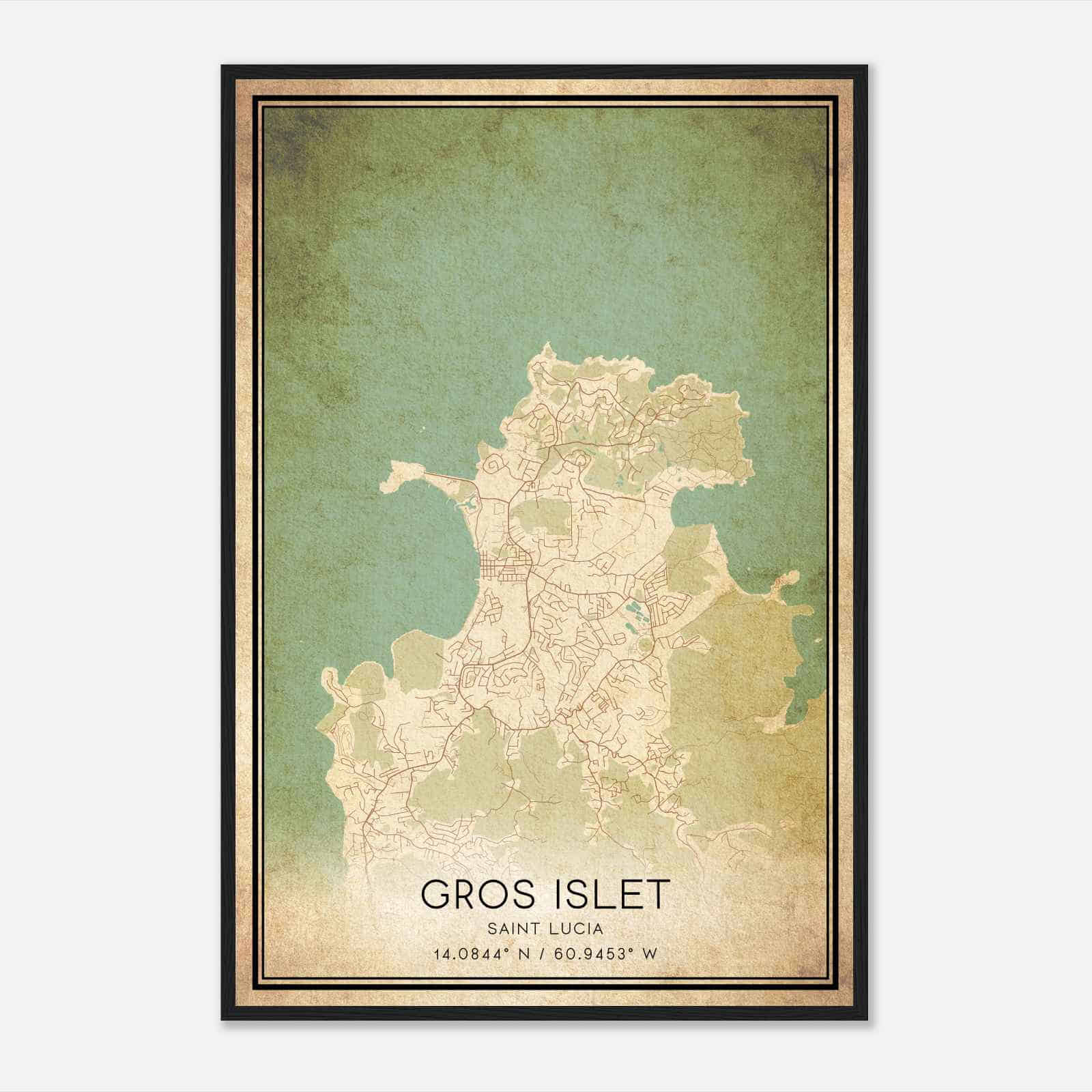 Vintage Gros Islet Saint Lucia Map Poster, Gros Islet City Road Wall Art Print
