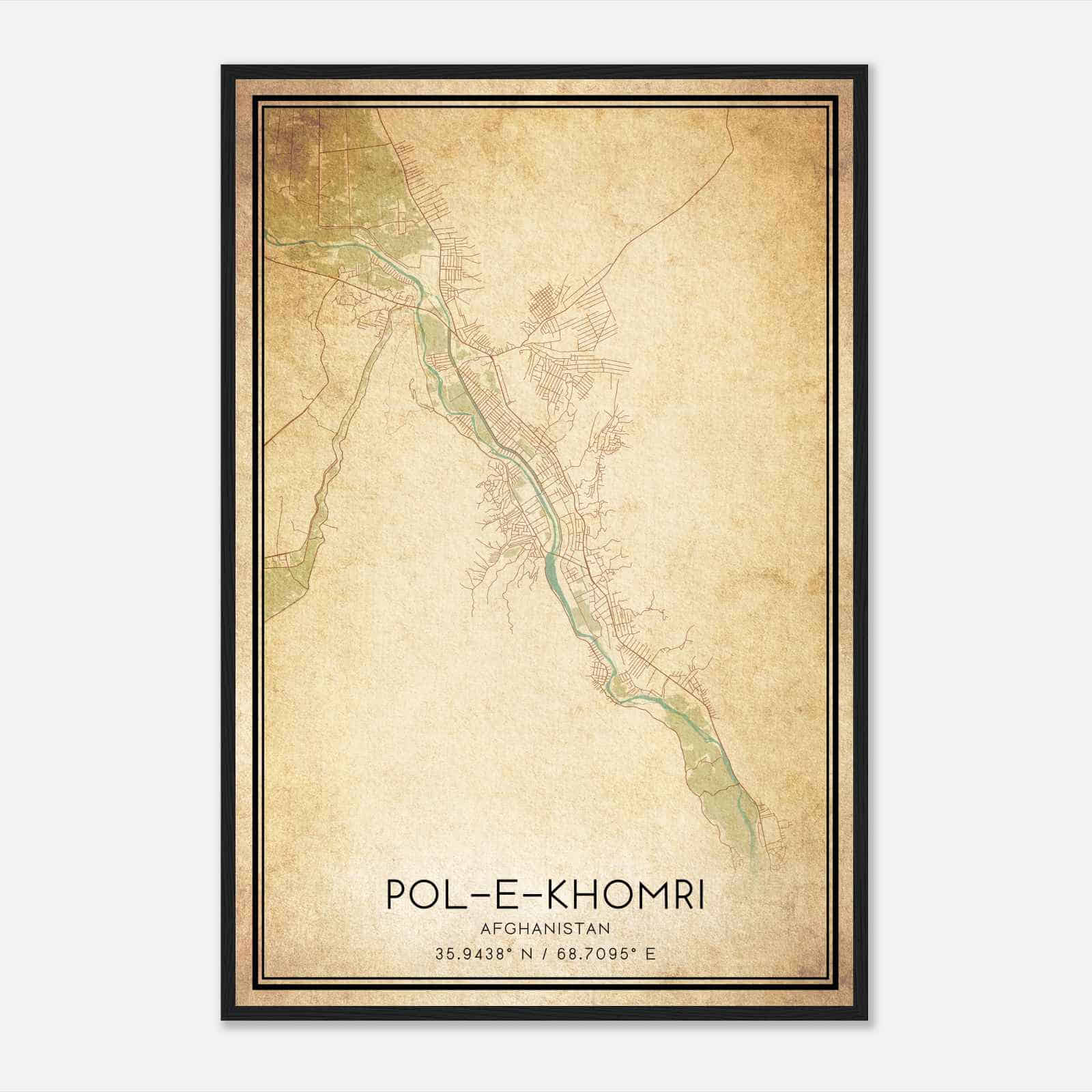 Vintage PoleKhomri Afghanistan Map Poster, PoleKhomri City Road Wall Art Print