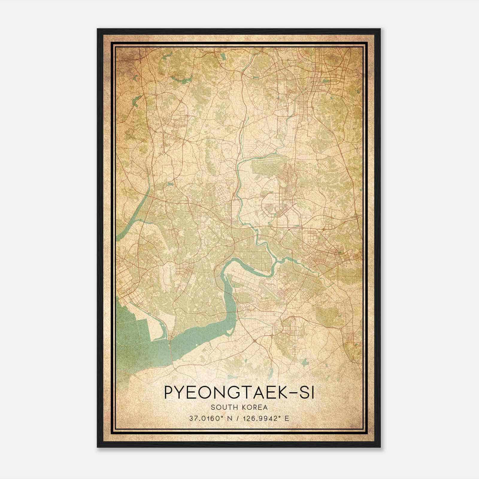Vintage Pyeongtaeksi South Korea Map Poster, Pyeongtaeksi City Road Wall Art Print