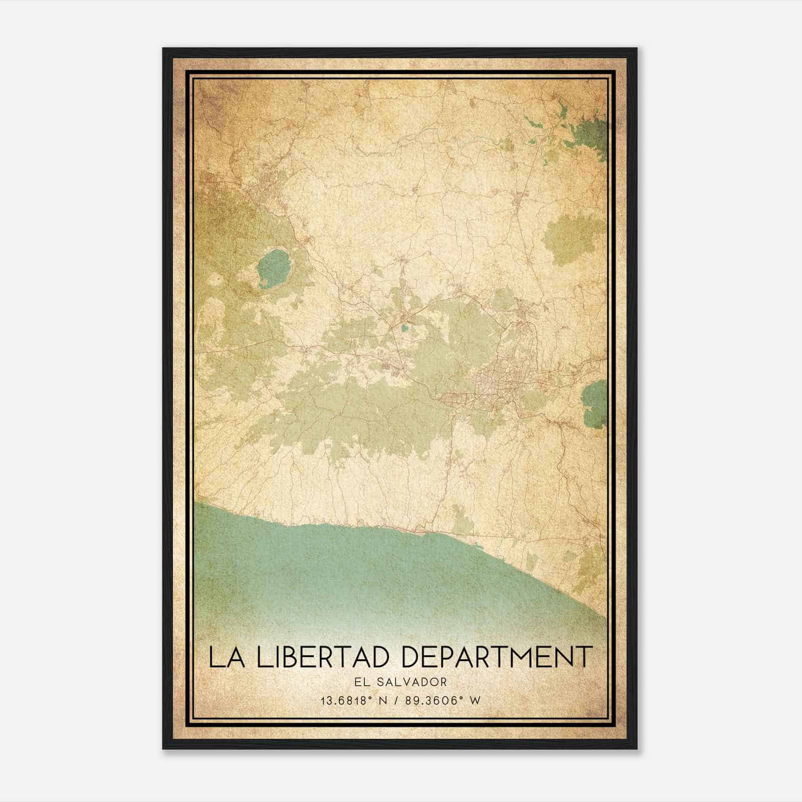 Vintage La Libertad Department El Salvador Map Poster, La Libertad Department City Road Wall Art Print