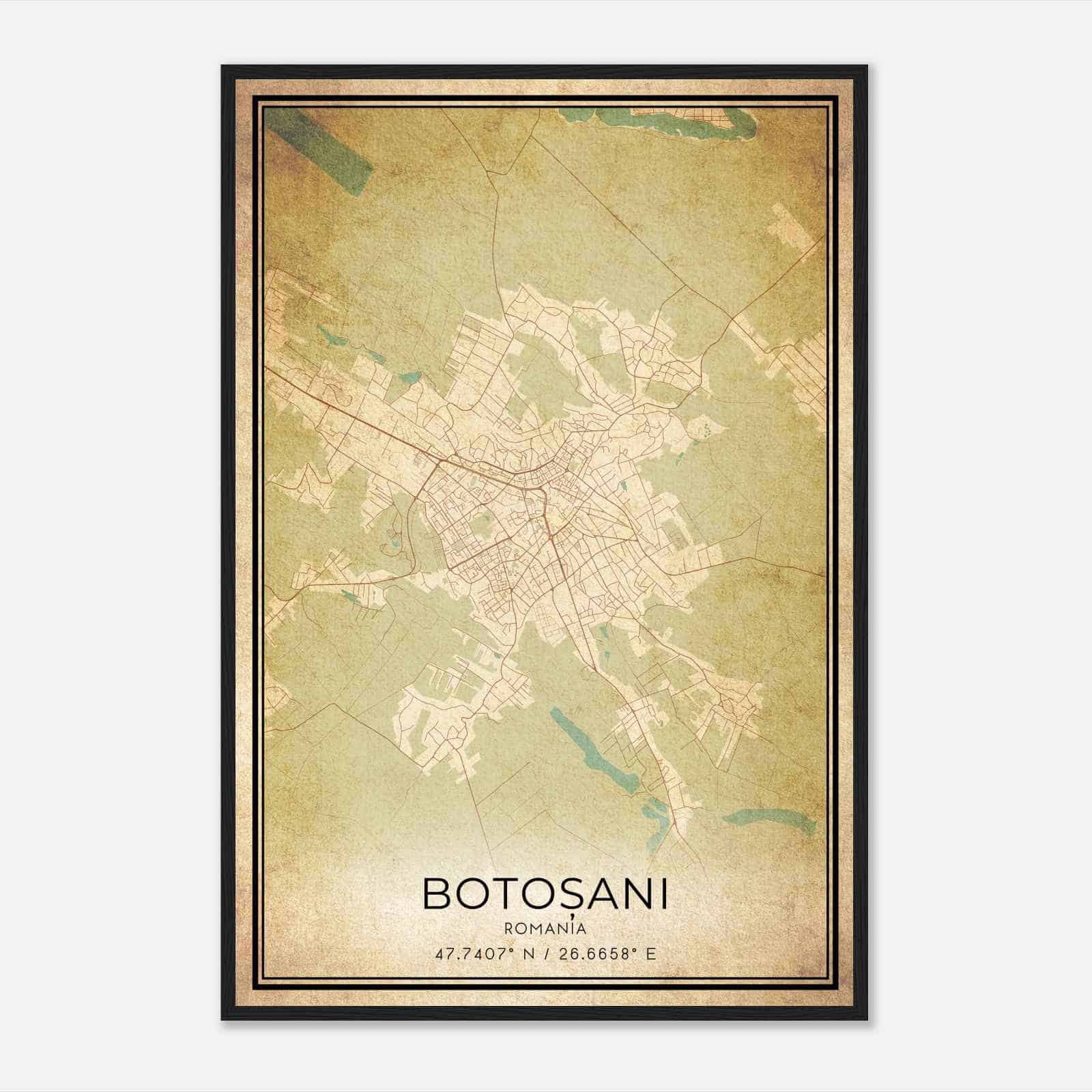 Vintage Botosani Romania Map Poster, Botosani City Road Wall Art Print