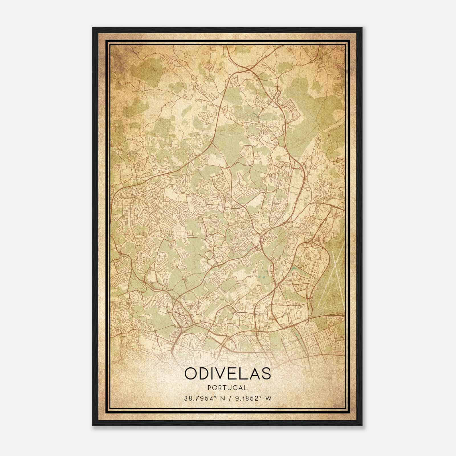 Vintage Odivelas Portugal Map Poster, Odivelas City Road Wall Art Print
