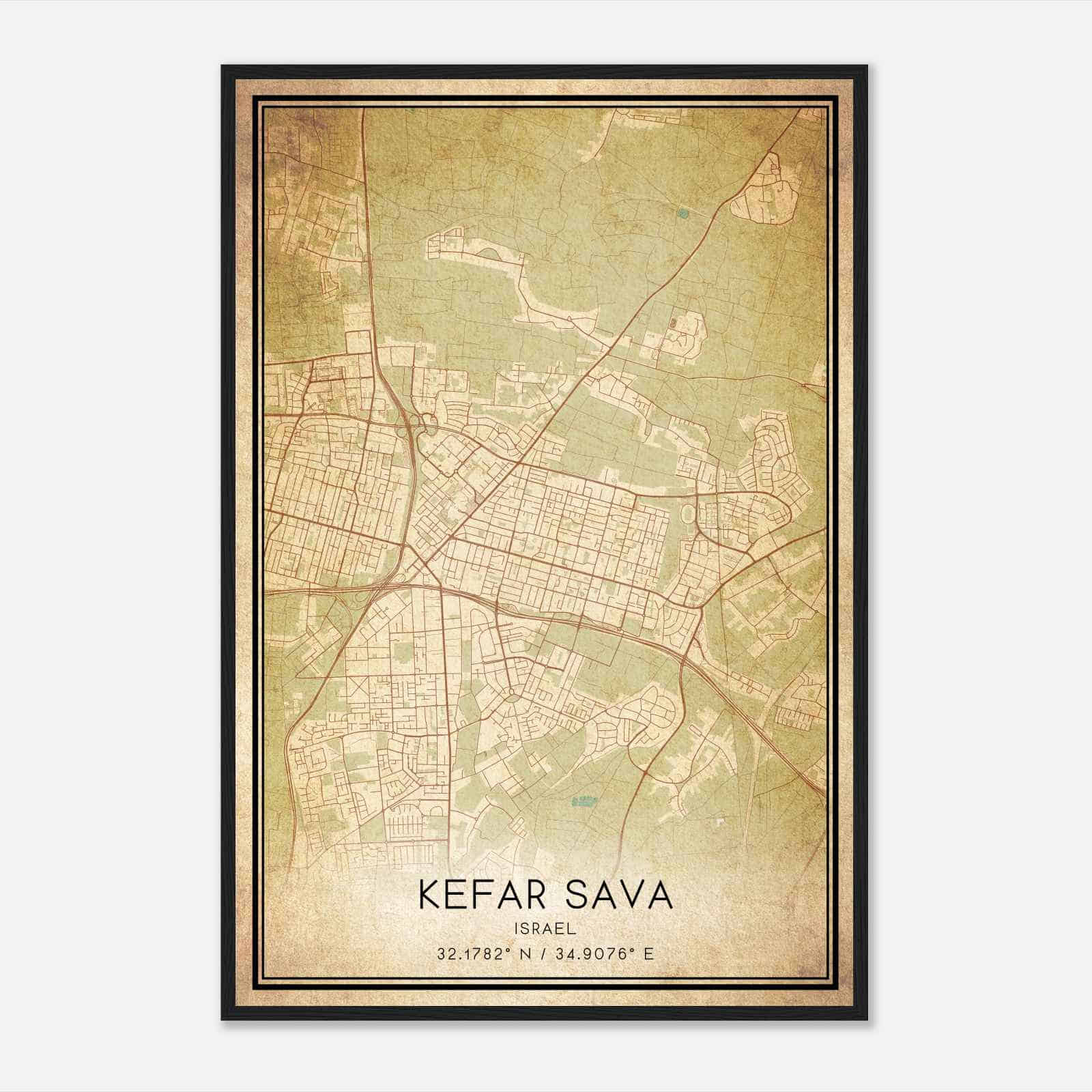 Vintage Kefar Sava Israel Map Poster, Kefar Sava City Road Wall Art Print