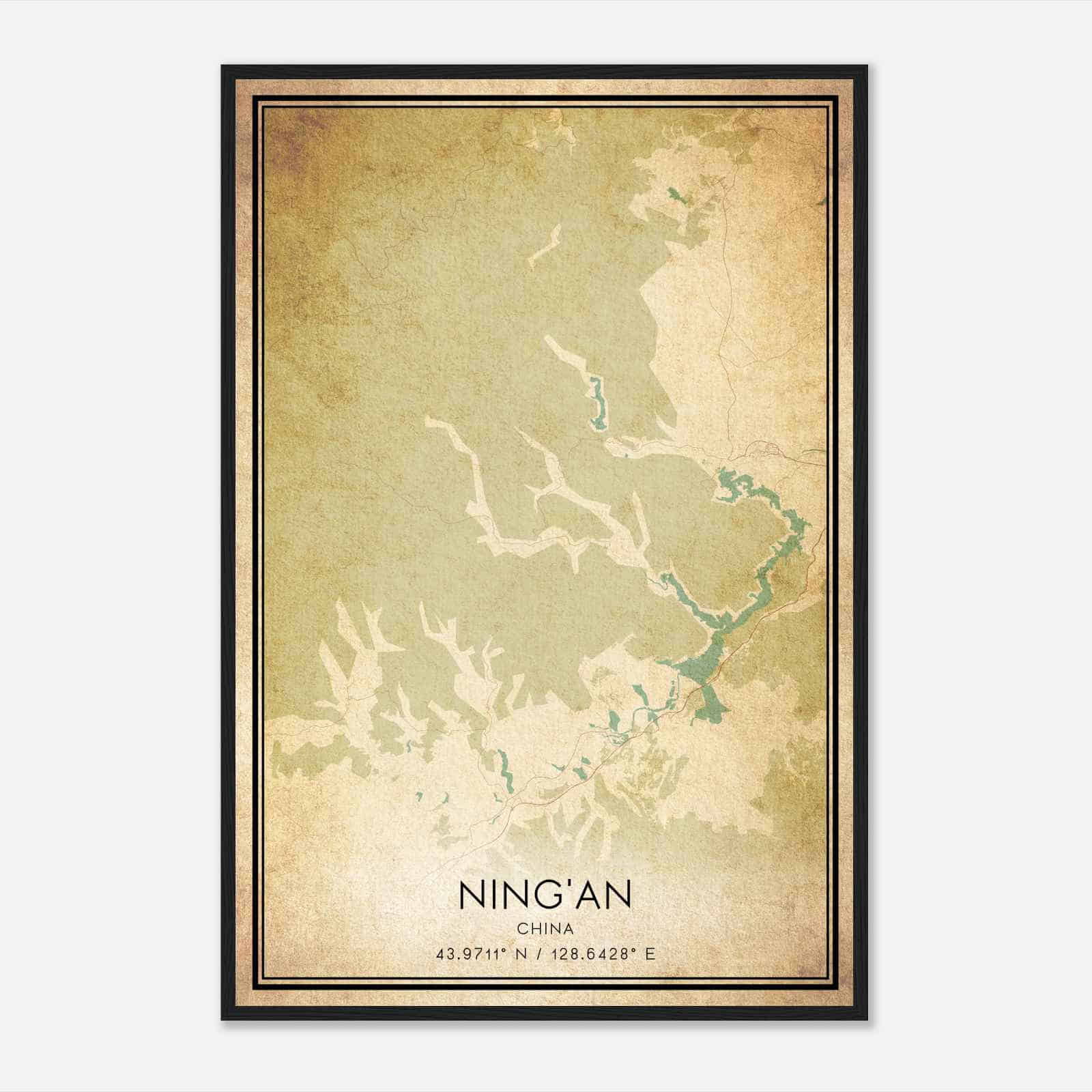 Vintage NingAn China Map Poster, NingAn City Road Wall Art Print