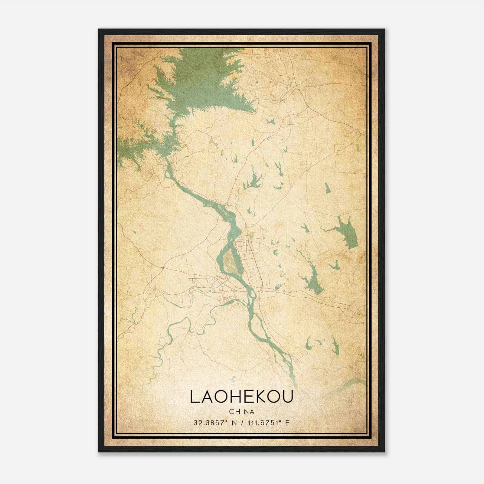 Vintage Laohekou China Map Poster, Laohekou City Road Wall Art Print