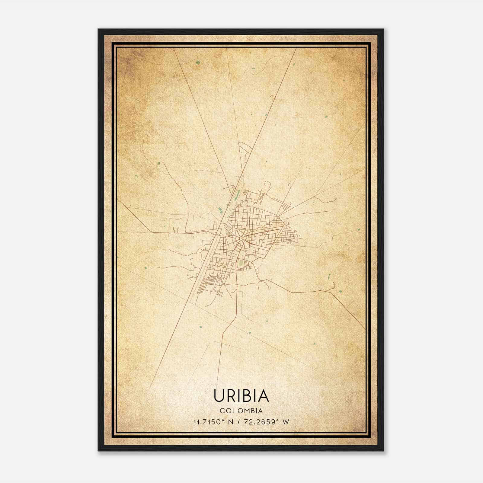 Vintage Uribia Colombia Map Poster, Uribia City Road Wall Art Print