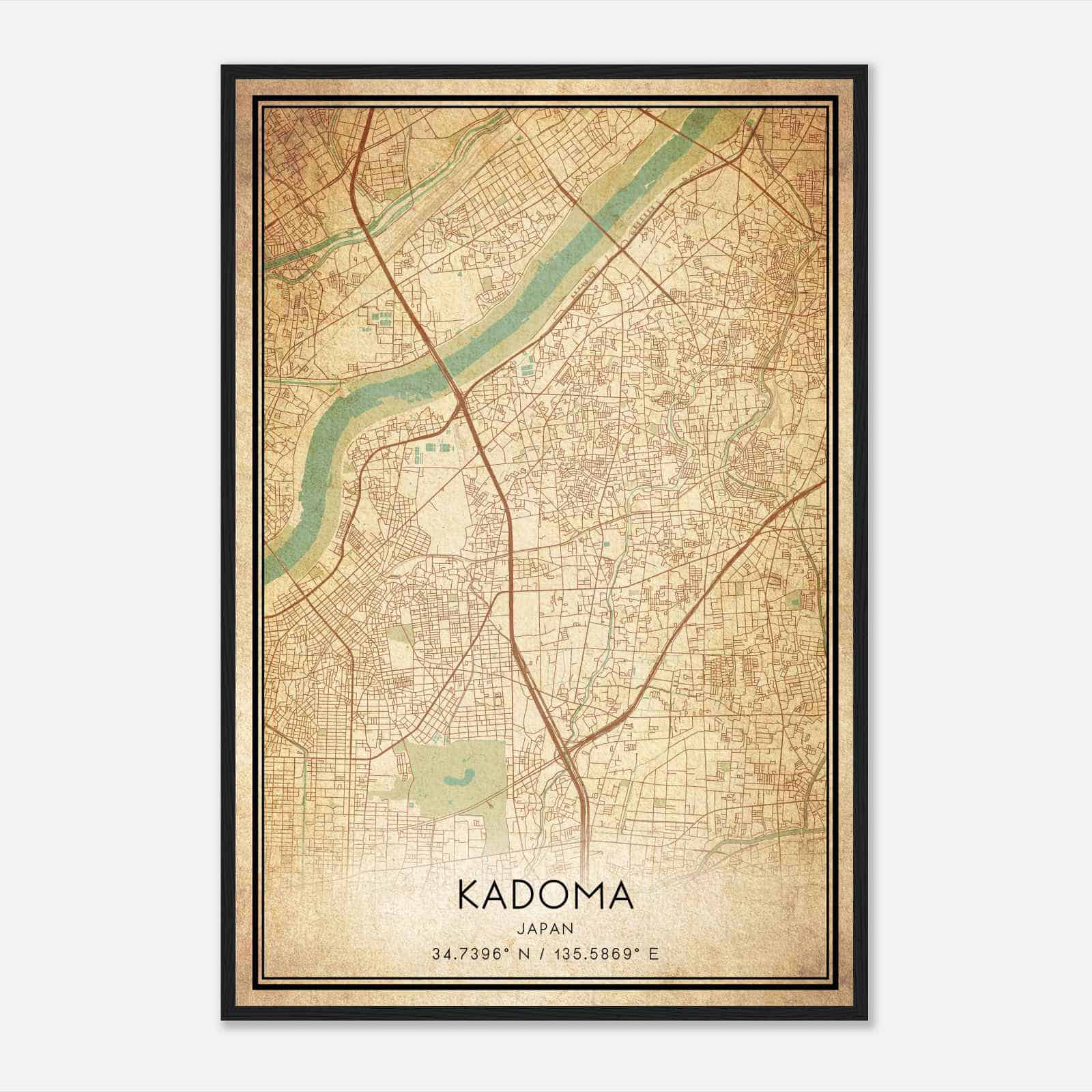 Vintage Kadoma Japan Map Poster, Kadoma City Road Wall Art Print