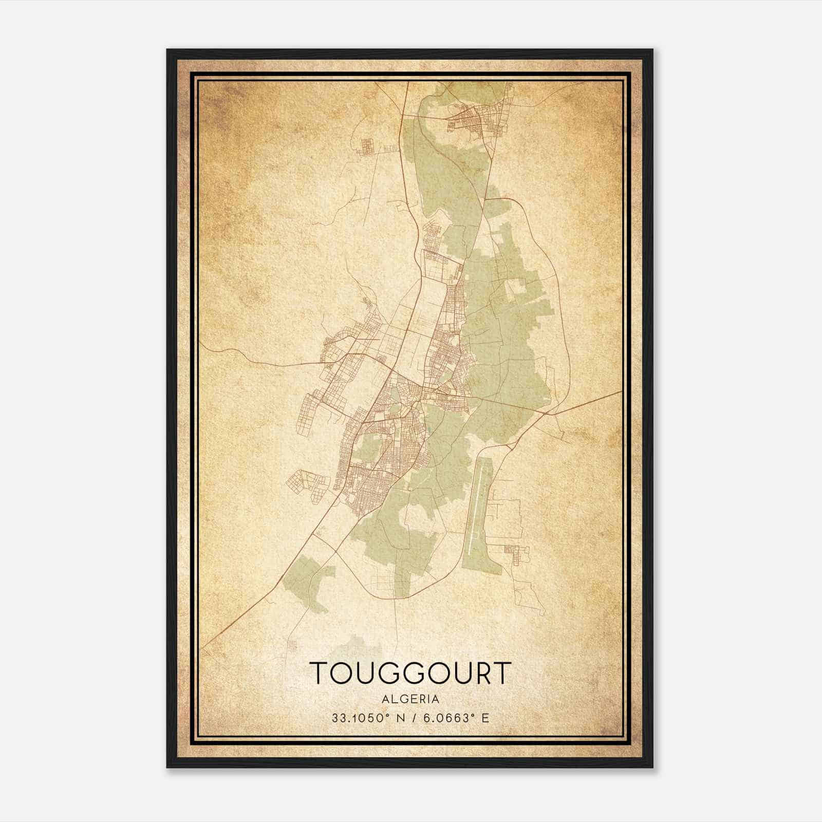 Vintage Touggourt Algeria Map Poster, Touggourt City Road Wall Art Print