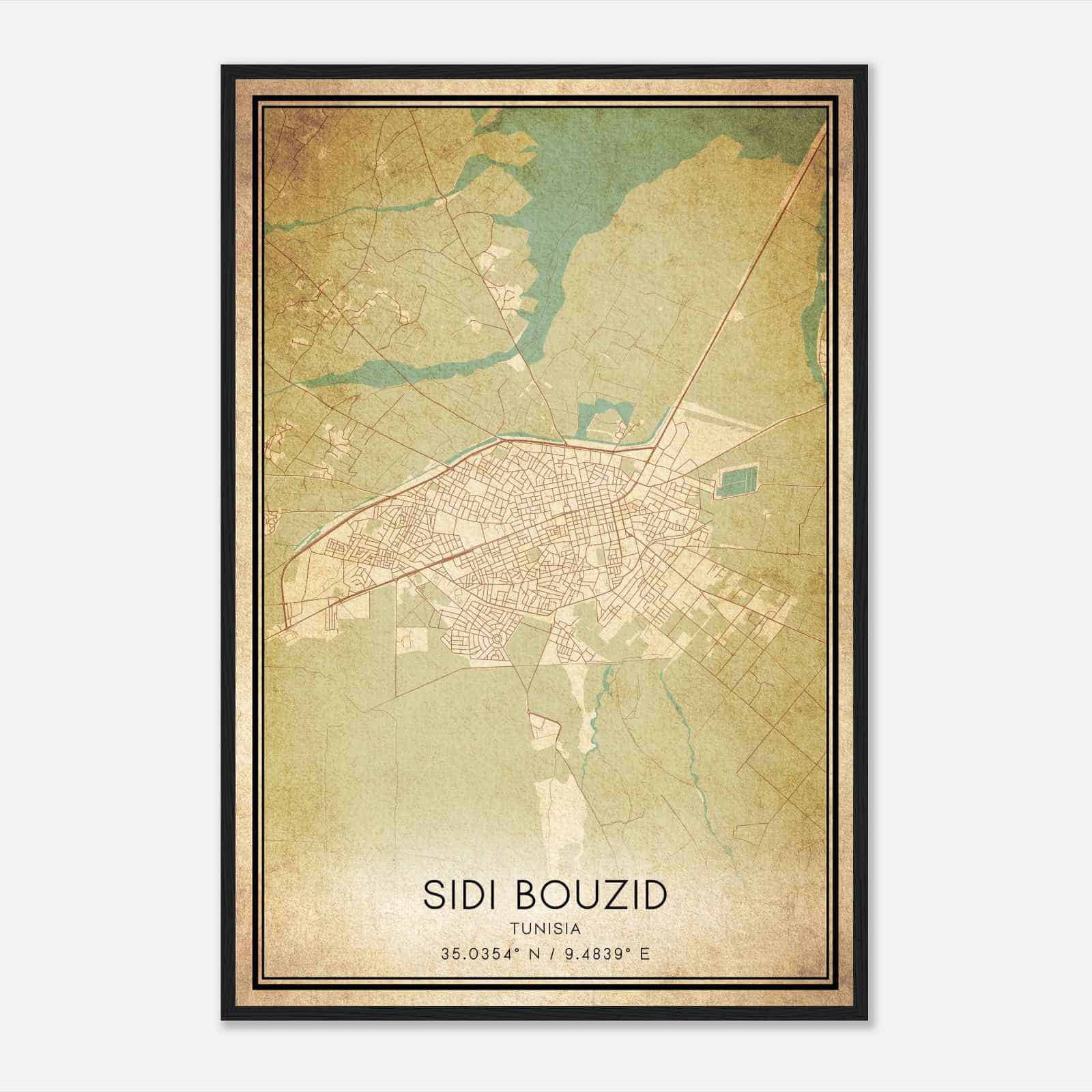Vintage Sidi Bouzid Tunisia Map Poster, Sidi Bouzid City Road Wall Art Print