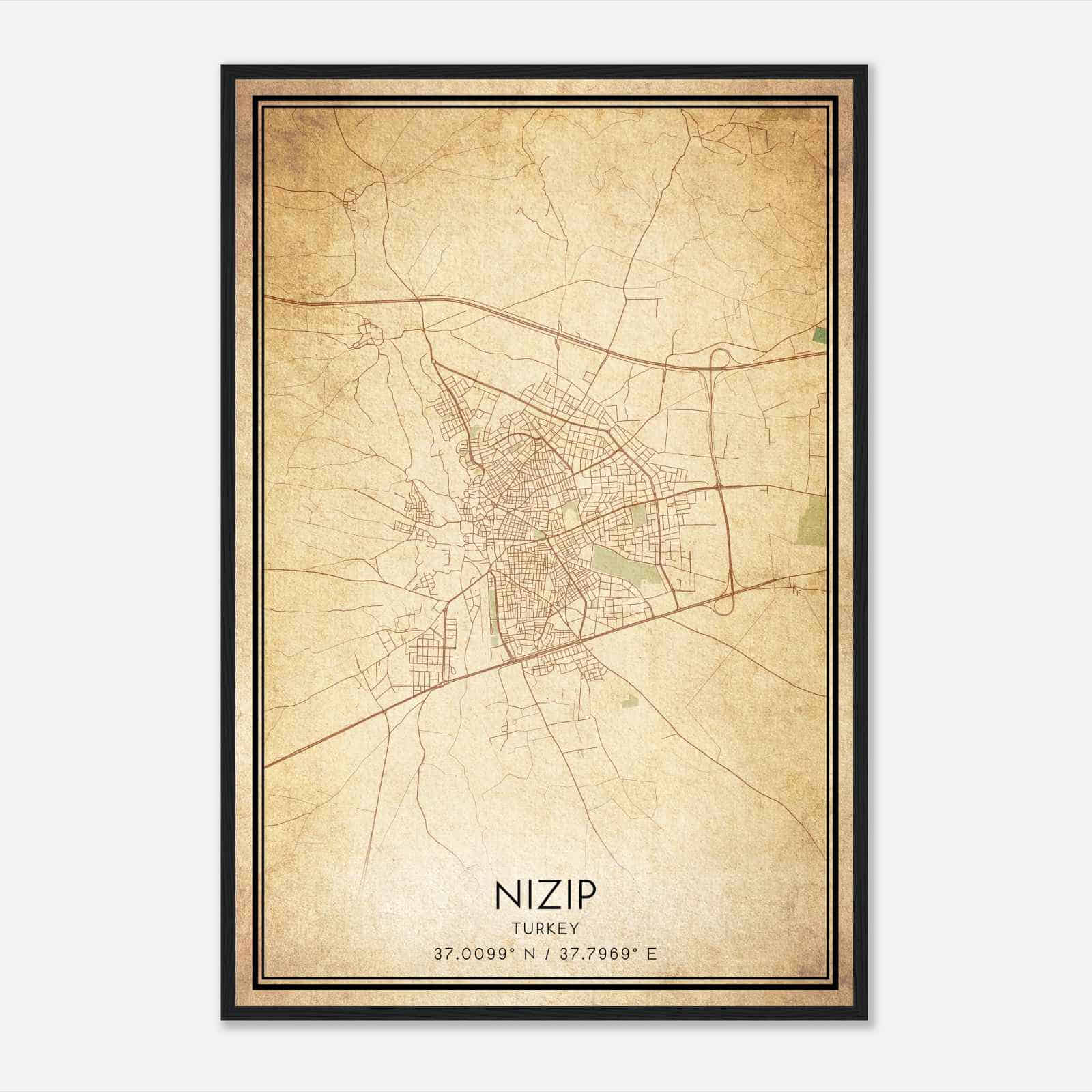 Vintage Nizip Turkey Map Poster, Nizip City Road Wall Art Print