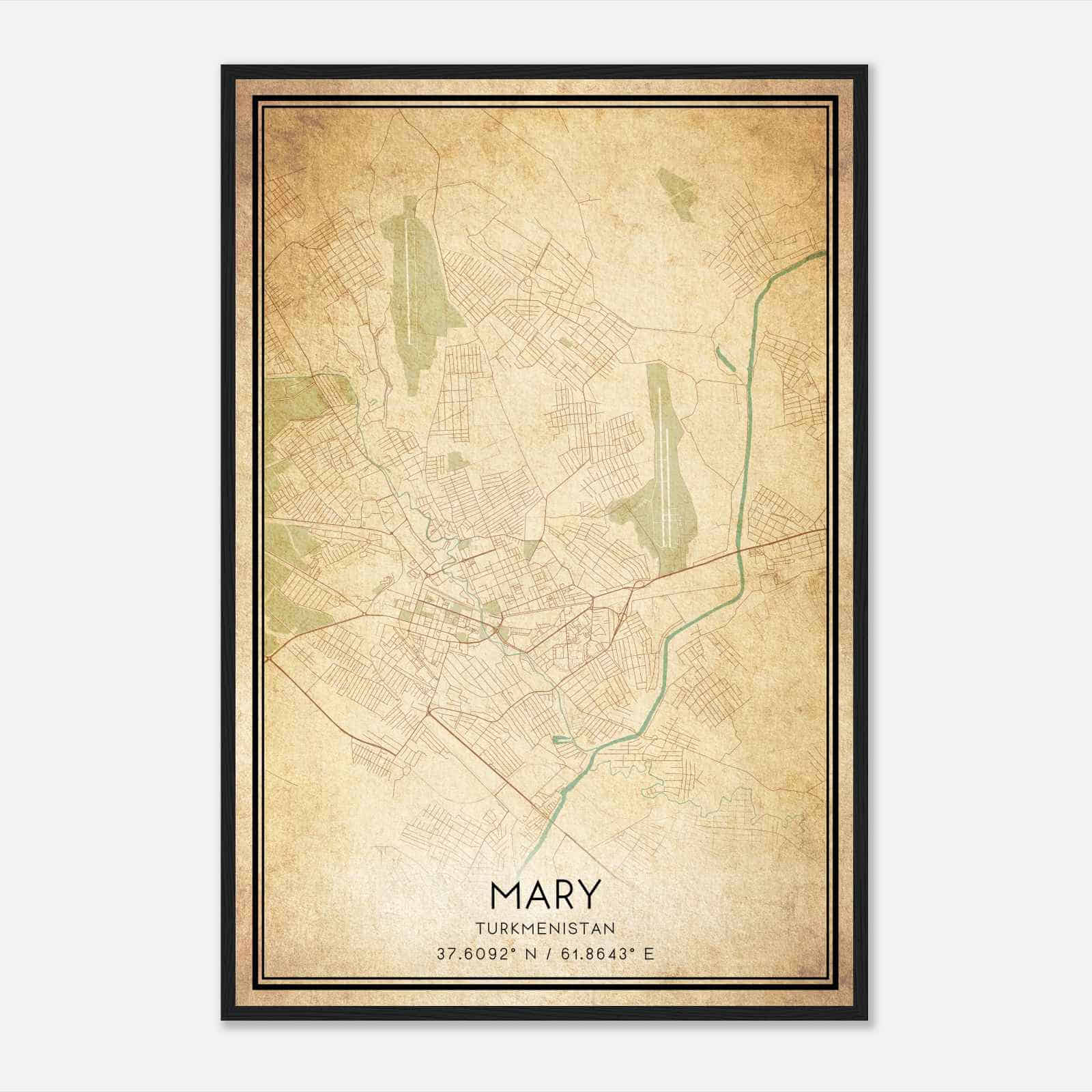 Vintage Mary Turkmenistan Map Poster, Mary City Road Wall Art Print