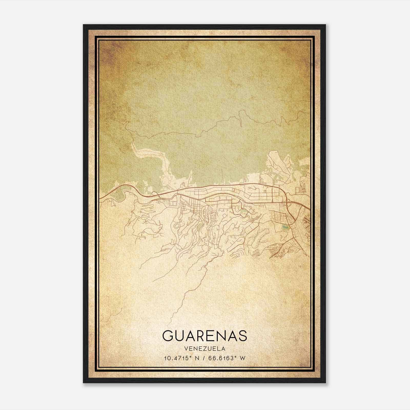 Vintage Guarenas Venezuela Map Poster, Guarenas City Road Wall Art Print