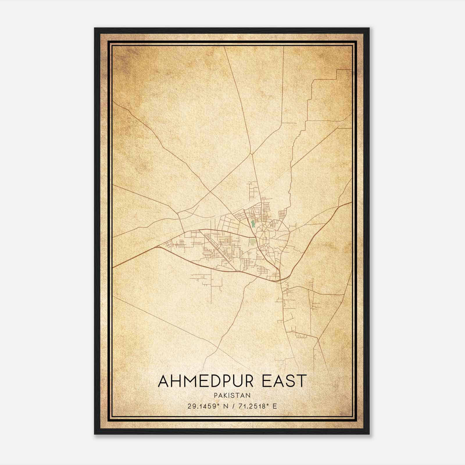 Vintage Ahmedpur East Pakistan Map Poster, Ahmedpur East City Road Wall Art Print