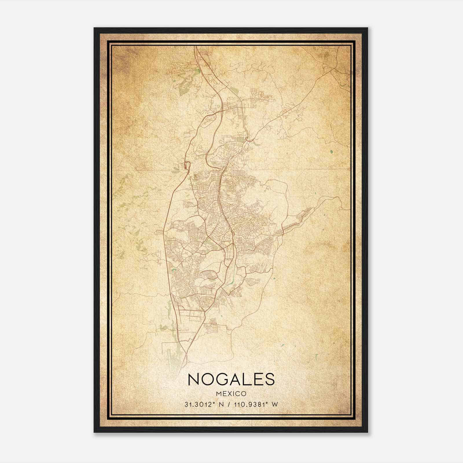 Vintage Nogales Mexico Map Poster, Nogales City Road Wall Art Print