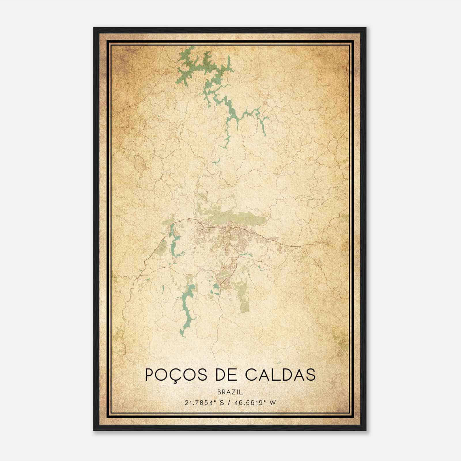Vintage Pocos de Caldas Brazil Map Poster, Pocos de Caldas City Road Wall Art Print