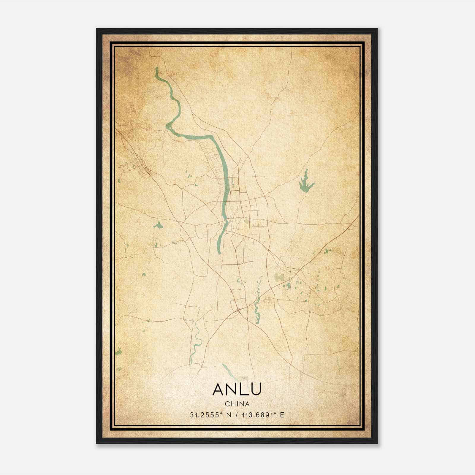 Vintage Anlu China Map Poster, Anlu City Road Wall Art Print