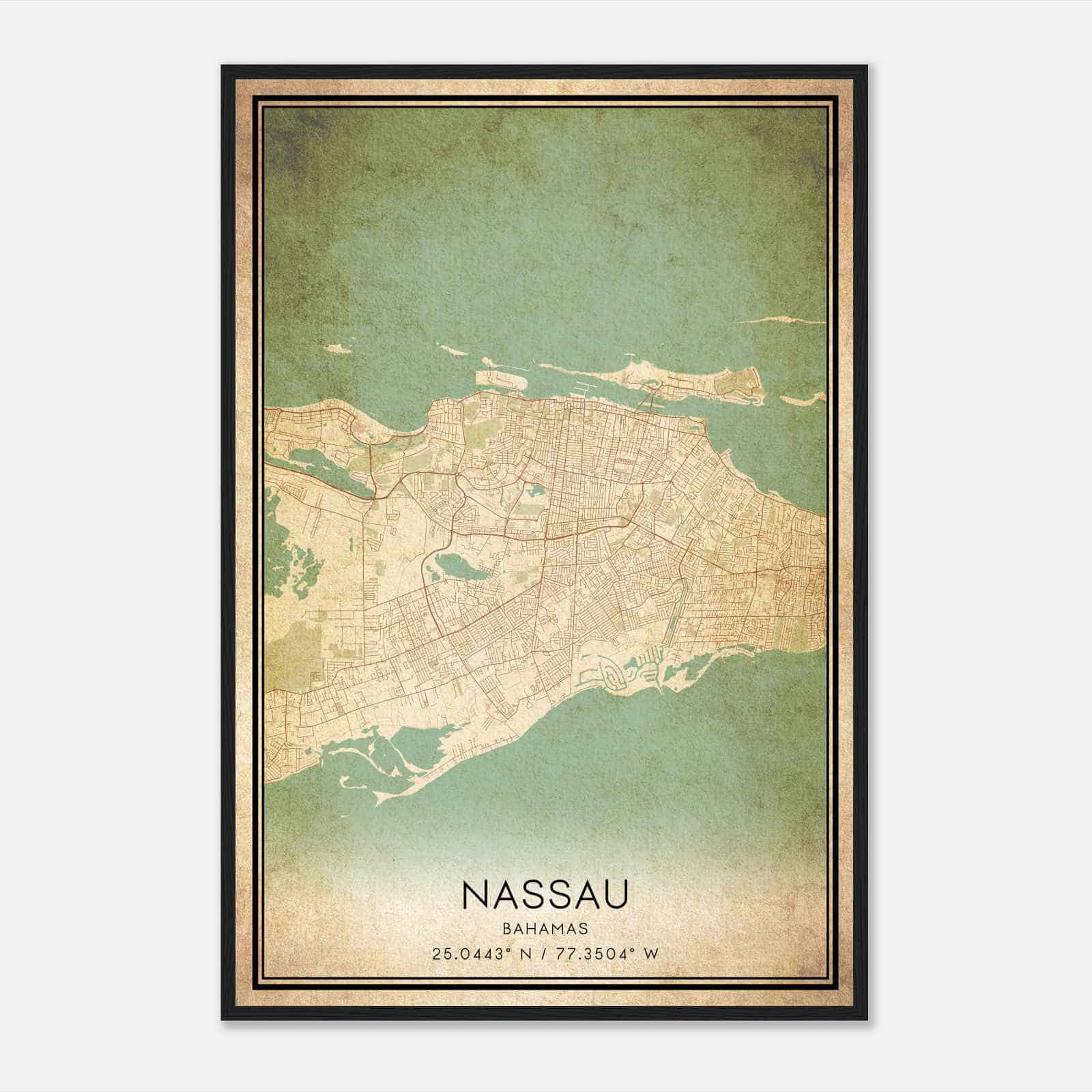 Vintage Nassau Bahamas Map Poster, Nassau City Road Wall Art Print