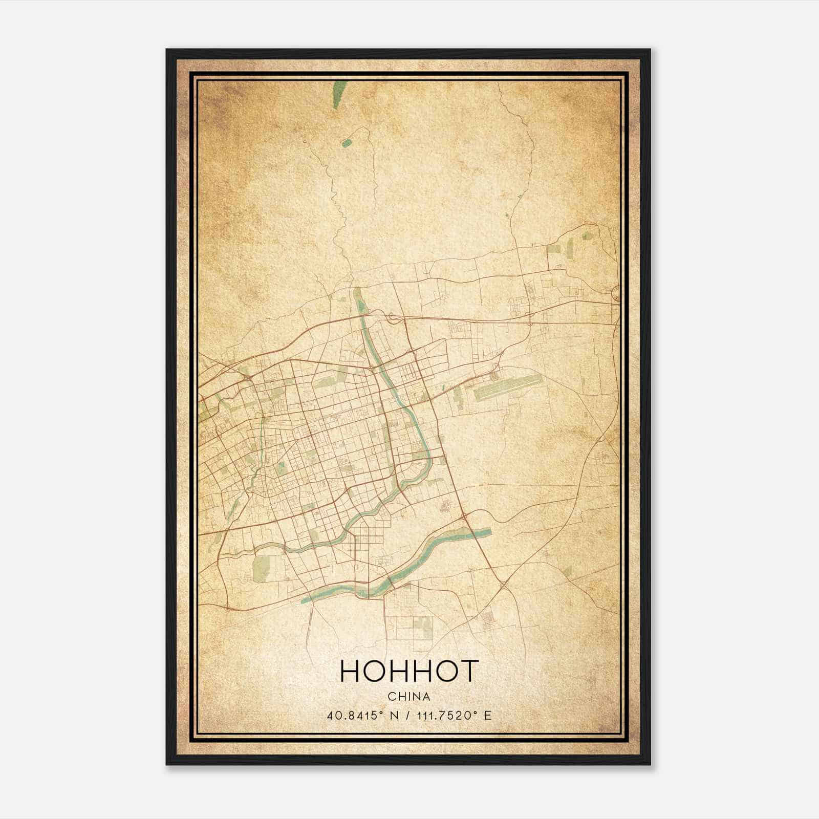 Vintage Hohhot China Map Poster, Hohhot City Road Wall Art Print