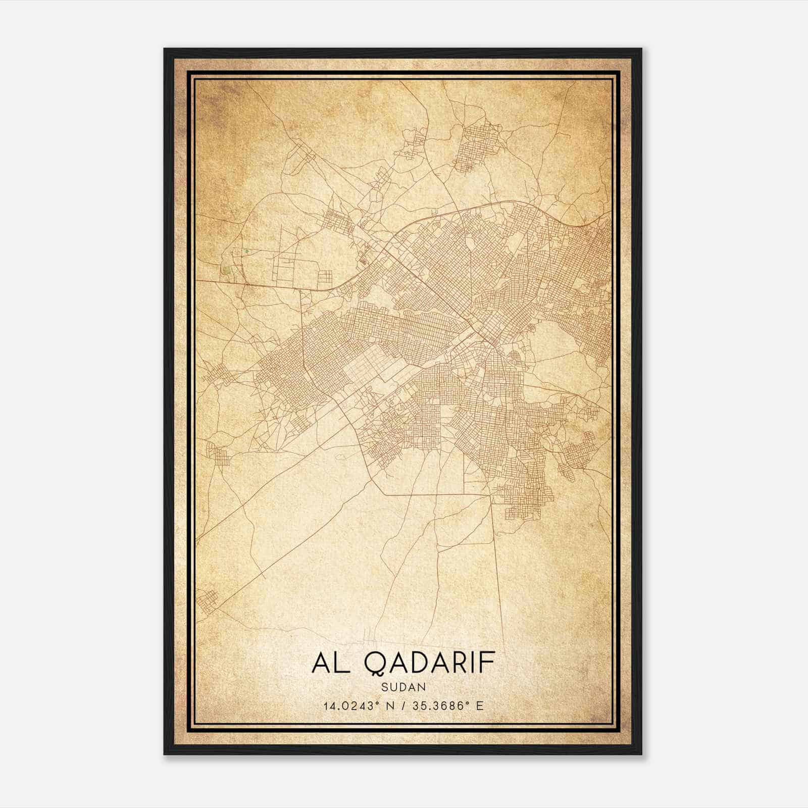 Vintage Al Qadarif Sudan Map Poster, Al Qadarif City Road Wall Art Print