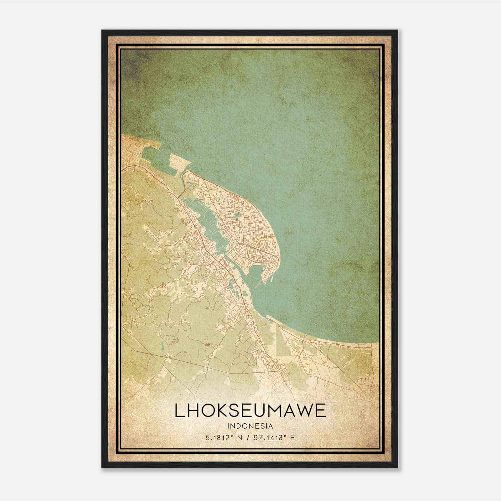 Vintage Lhokseumawe Indonesia Map Poster, Lhokseumawe City Road Wall Art Print